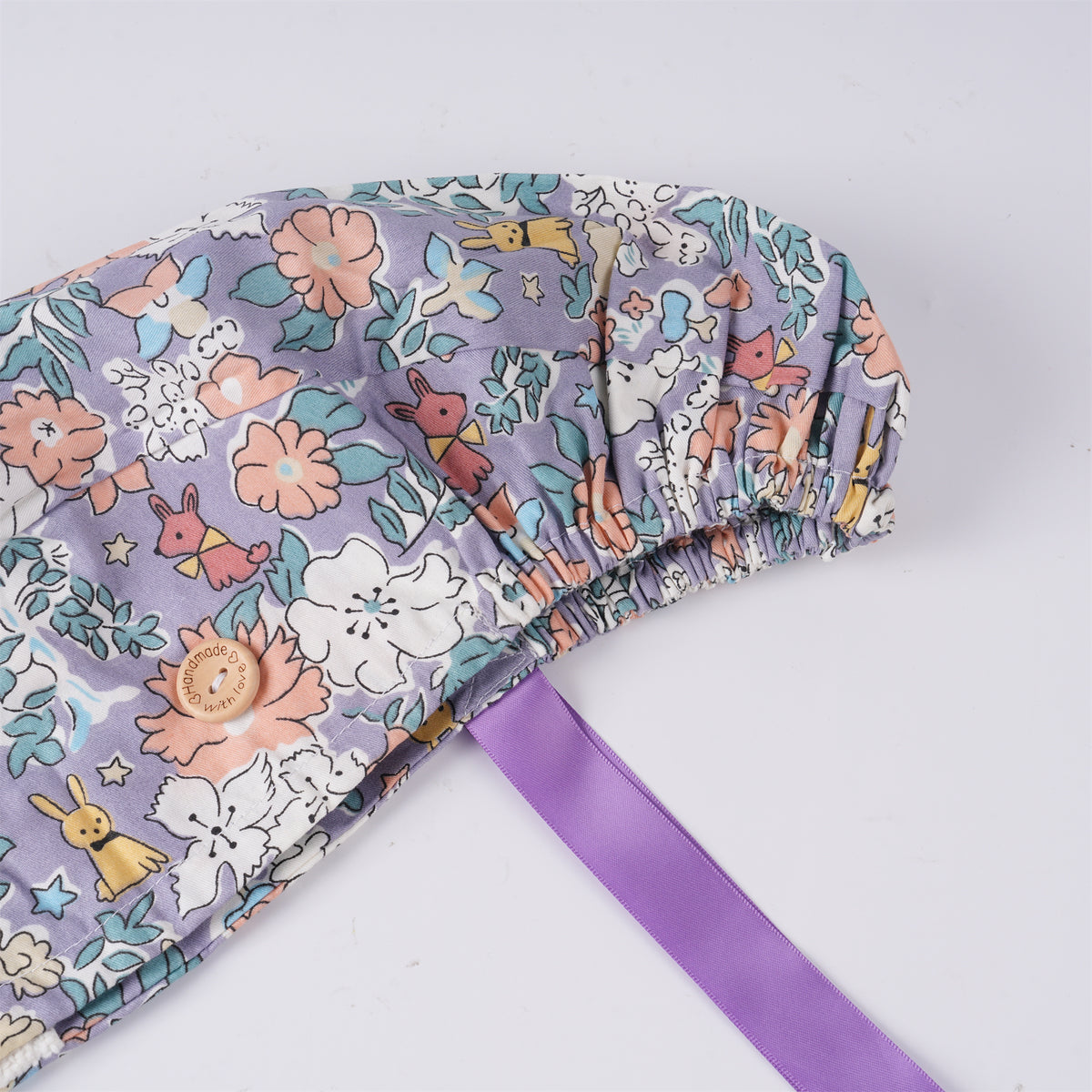 Purple Puppy Floral Cotton Ponytail Scrub Cap