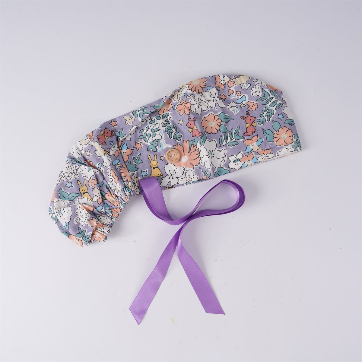 Purple Puppy Floral Cotton Ponytail Scrub Cap