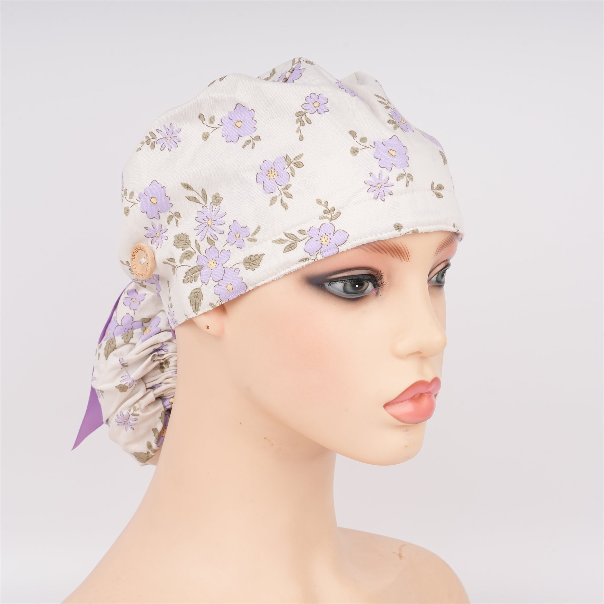Purple Flower Cotton Ponytail Scrub Cap