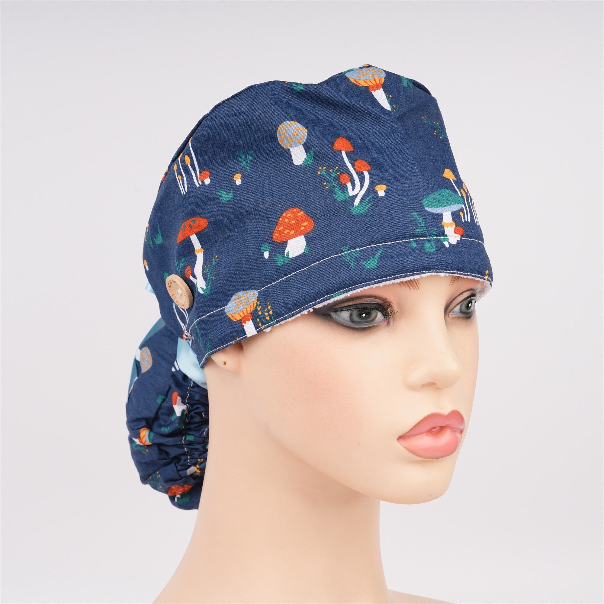 Navy Mushroom Cotton Ponytail Scrub Cap