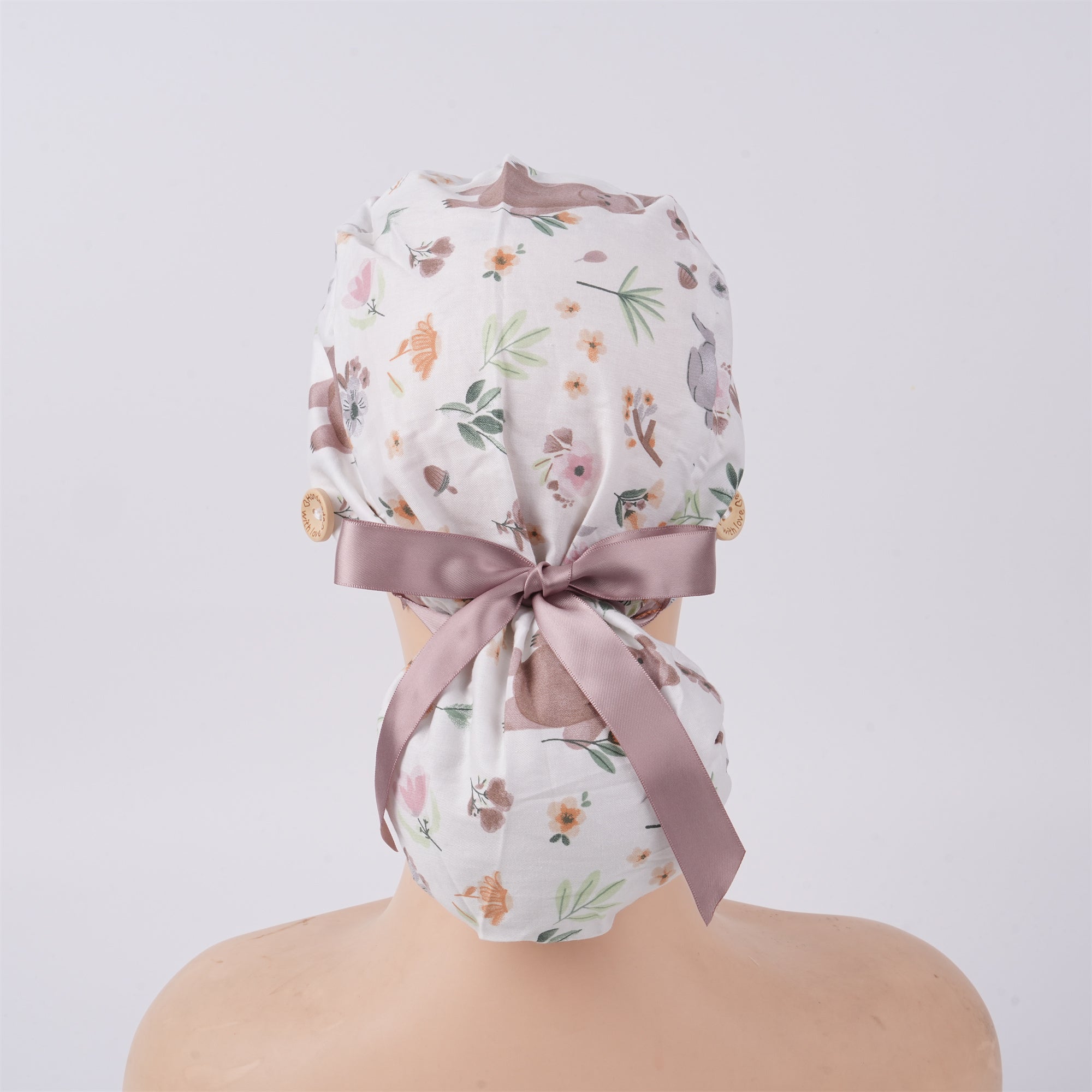 Khaki Bear Flower Cotton Ponytail Scrub Cap