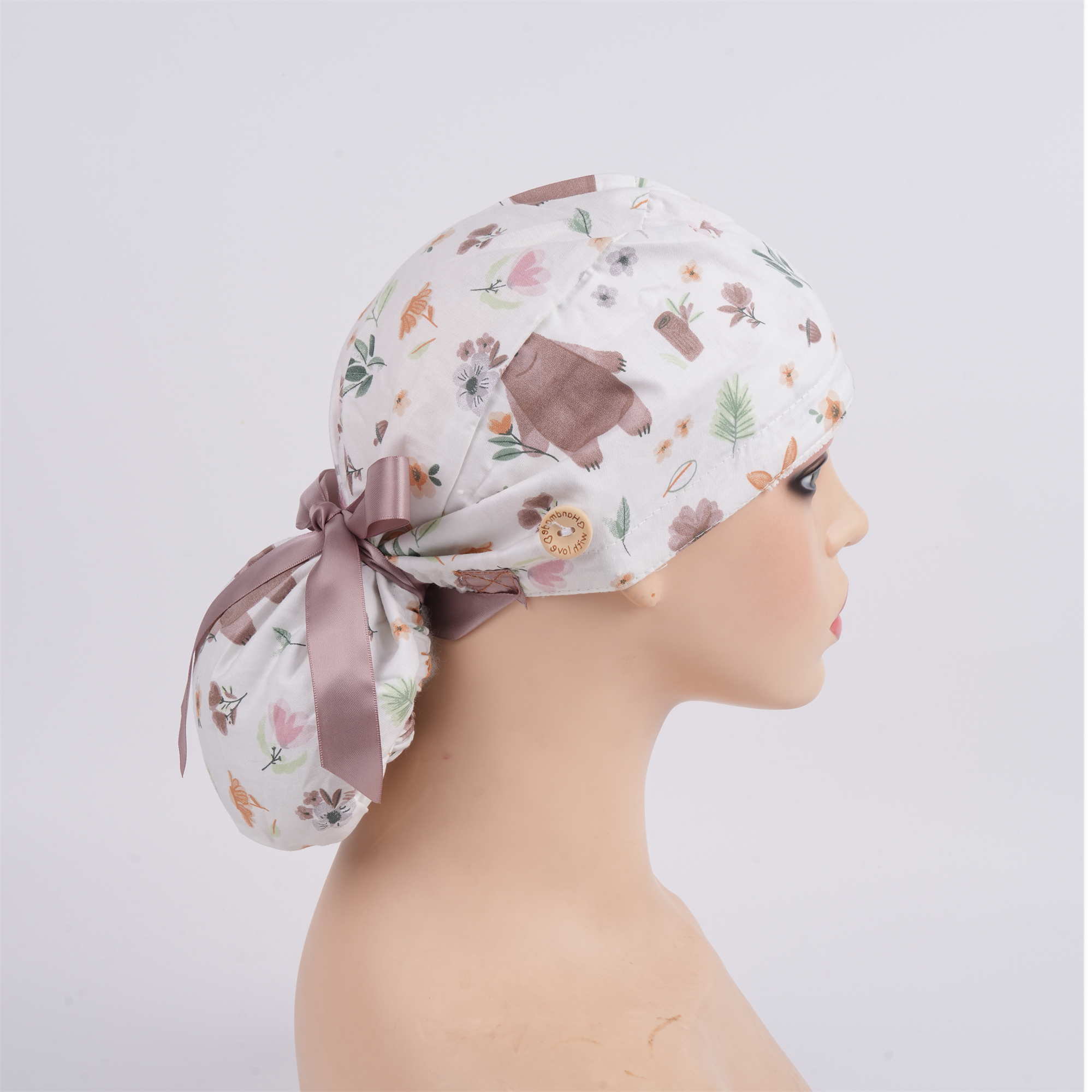 Khaki Bear Flower Cotton Ponytail Scrub Cap