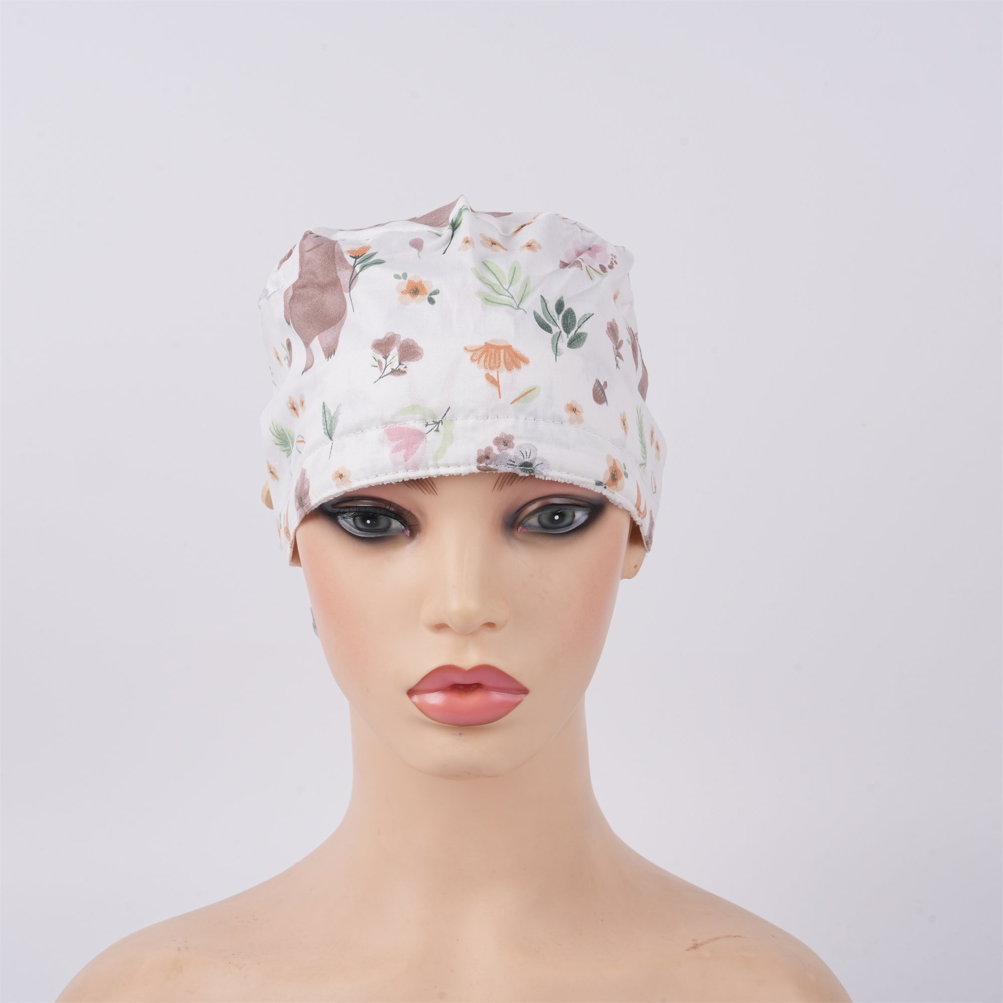 Khaki Bear Flower Cotton Ponytail Scrub Cap