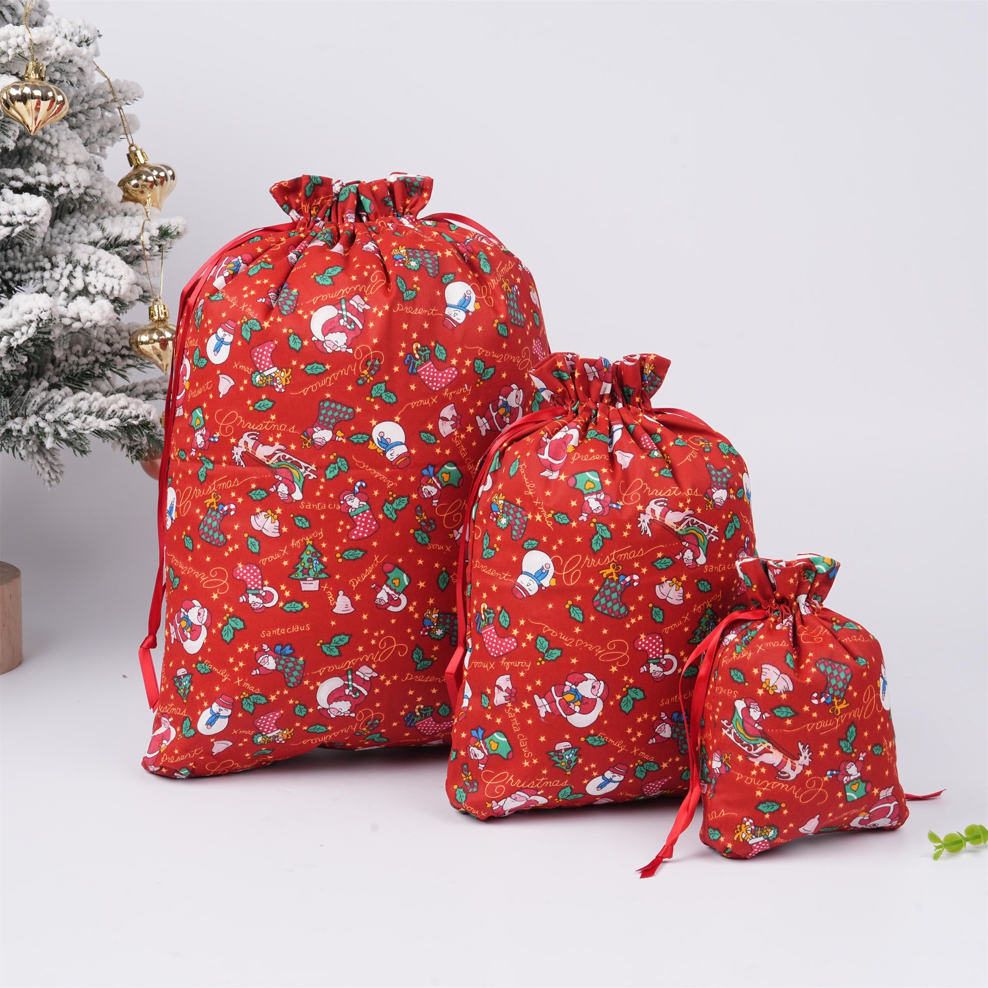 Red Merry Christmas Drawstring Gift Bag,Santa/Snowman/Sock Print,Glitter Star