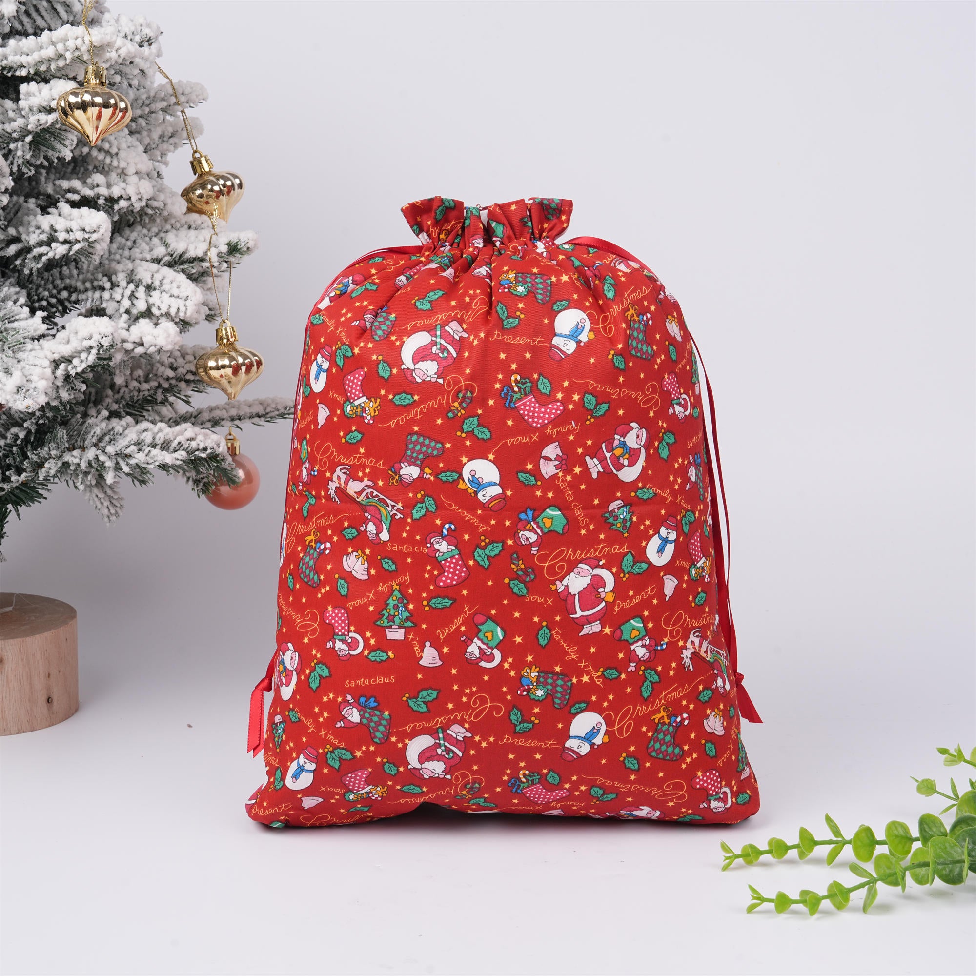 Red Merry Christmas Drawstring Gift Bag,Santa/Snowman/Sock Print,Glitter Star