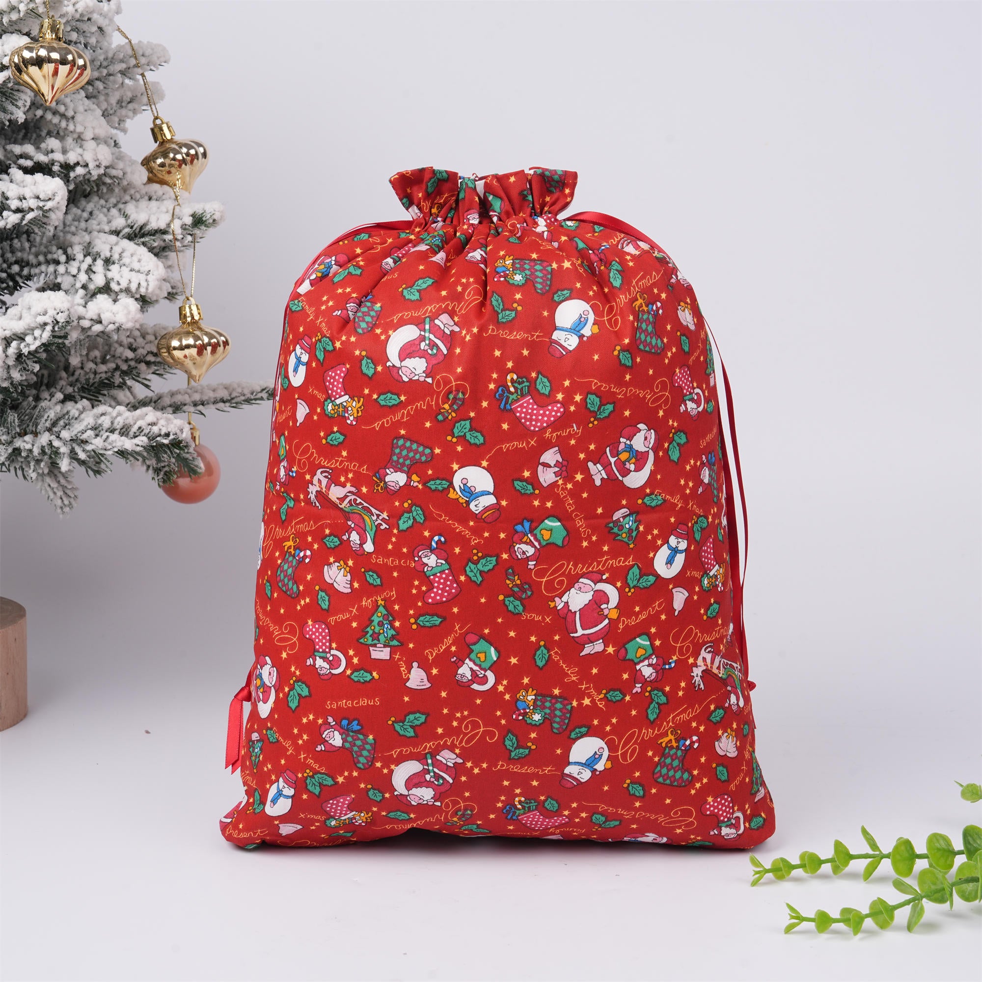 Red Merry Christmas Drawstring Gift Bag,Santa/Snowman/Sock Print,Glitter Star