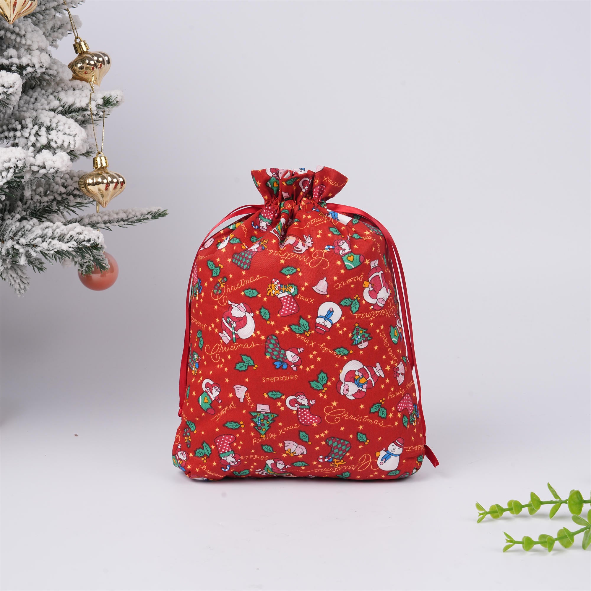 Red Merry Christmas Drawstring Gift Bag,Santa/Snowman/Sock Print,Glitter Star