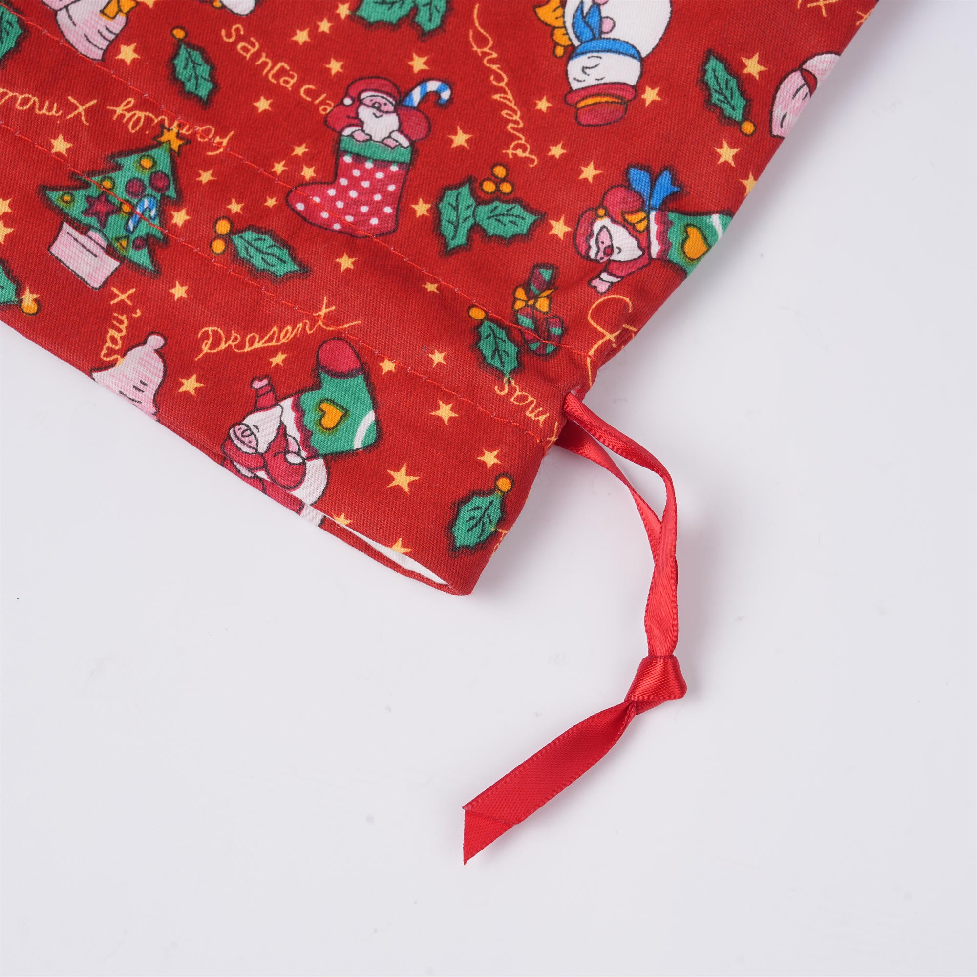 Red Merry Christmas Drawstring Gift Bag,Santa/Snowman/Sock Print,Glitter Star