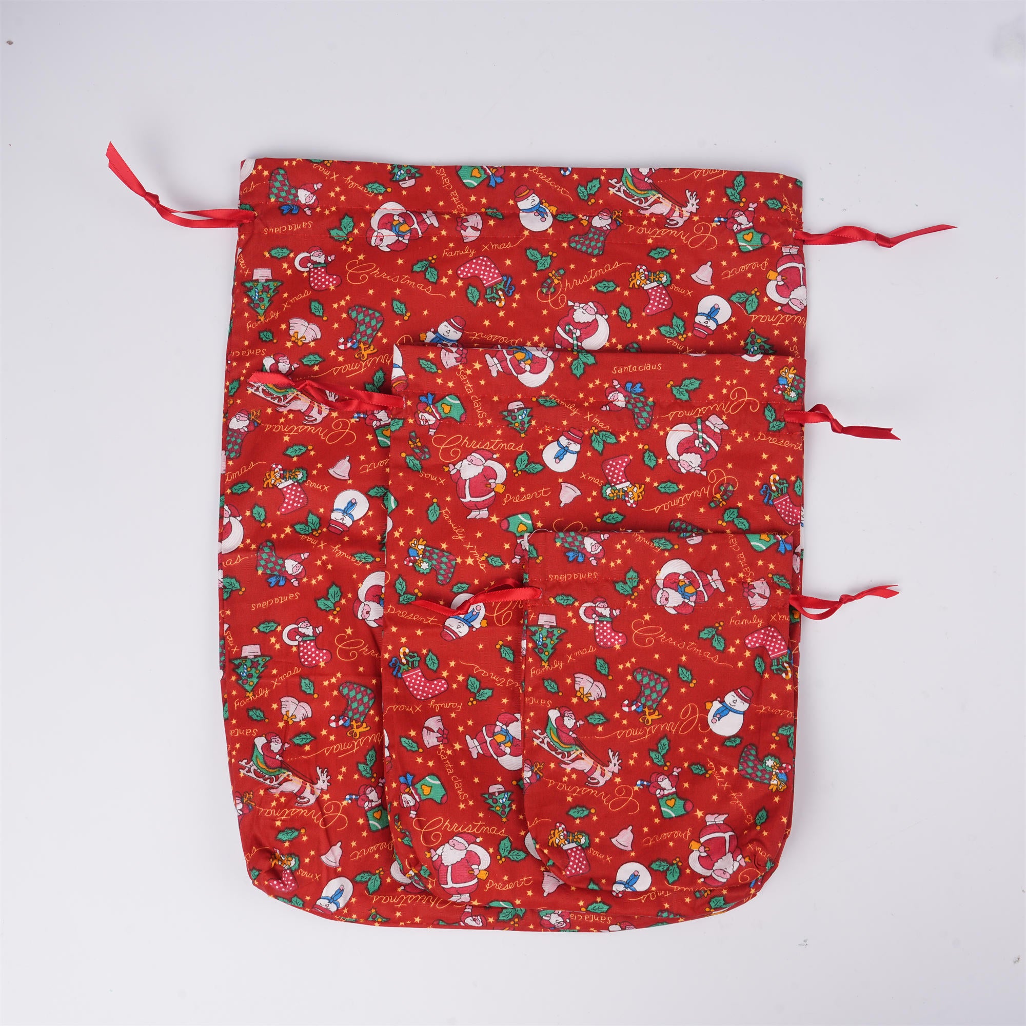 Red Merry Christmas Drawstring Gift Bag,Santa/Snowman/Sock Print,Glitter Star