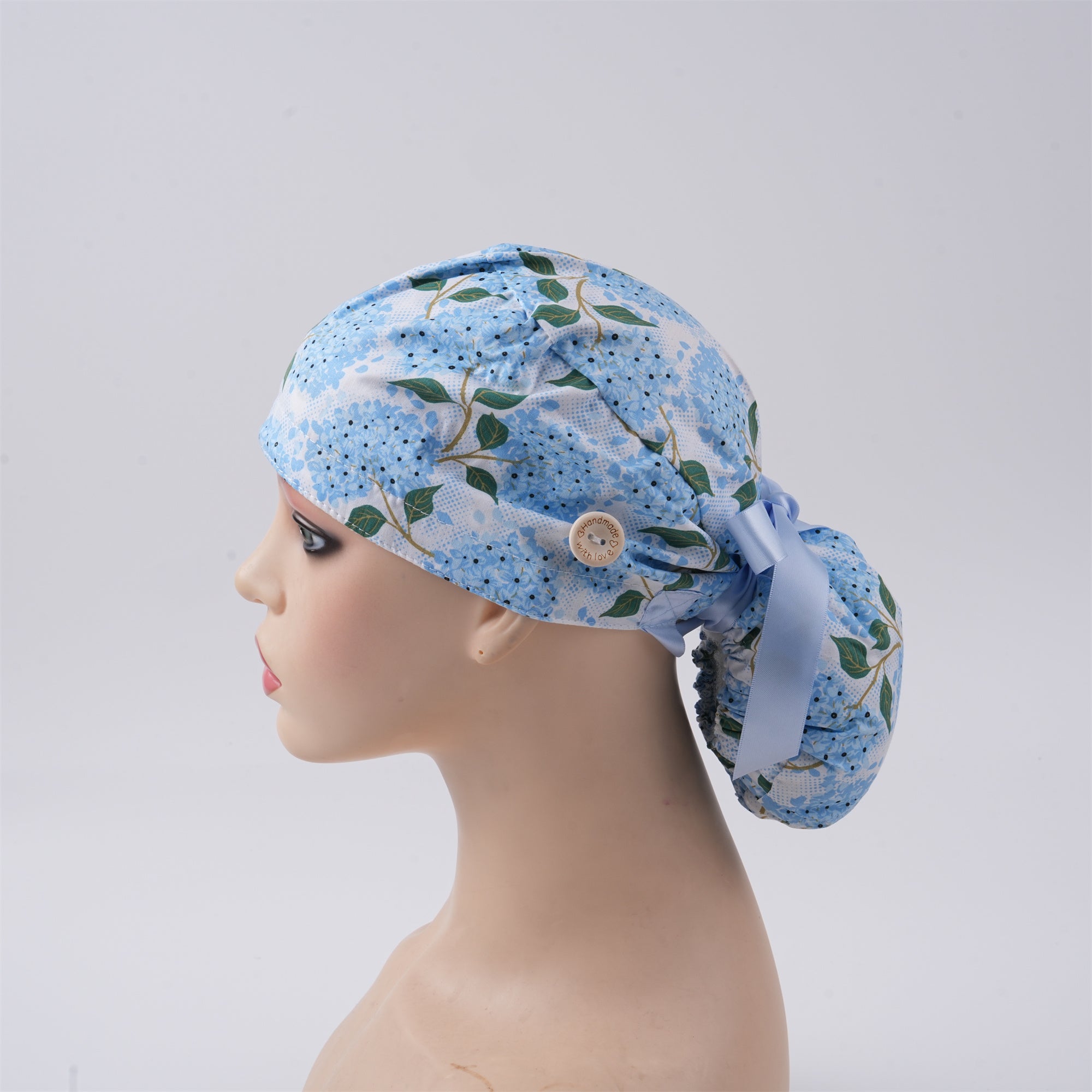 Blue Hydrangea Cotton Ponytail Scrub Cap