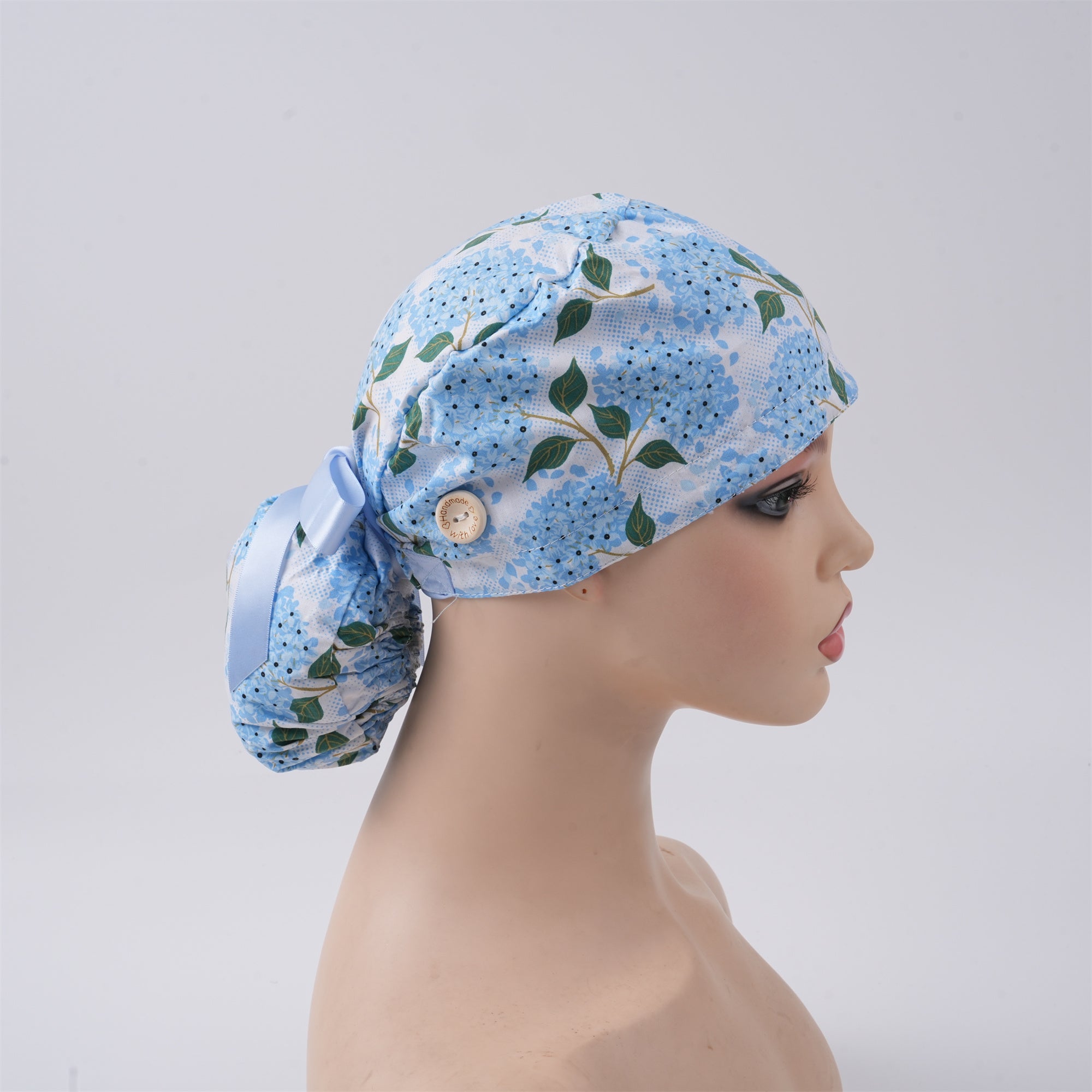 Blue Hydrangea Cotton Ponytail Scrub Cap