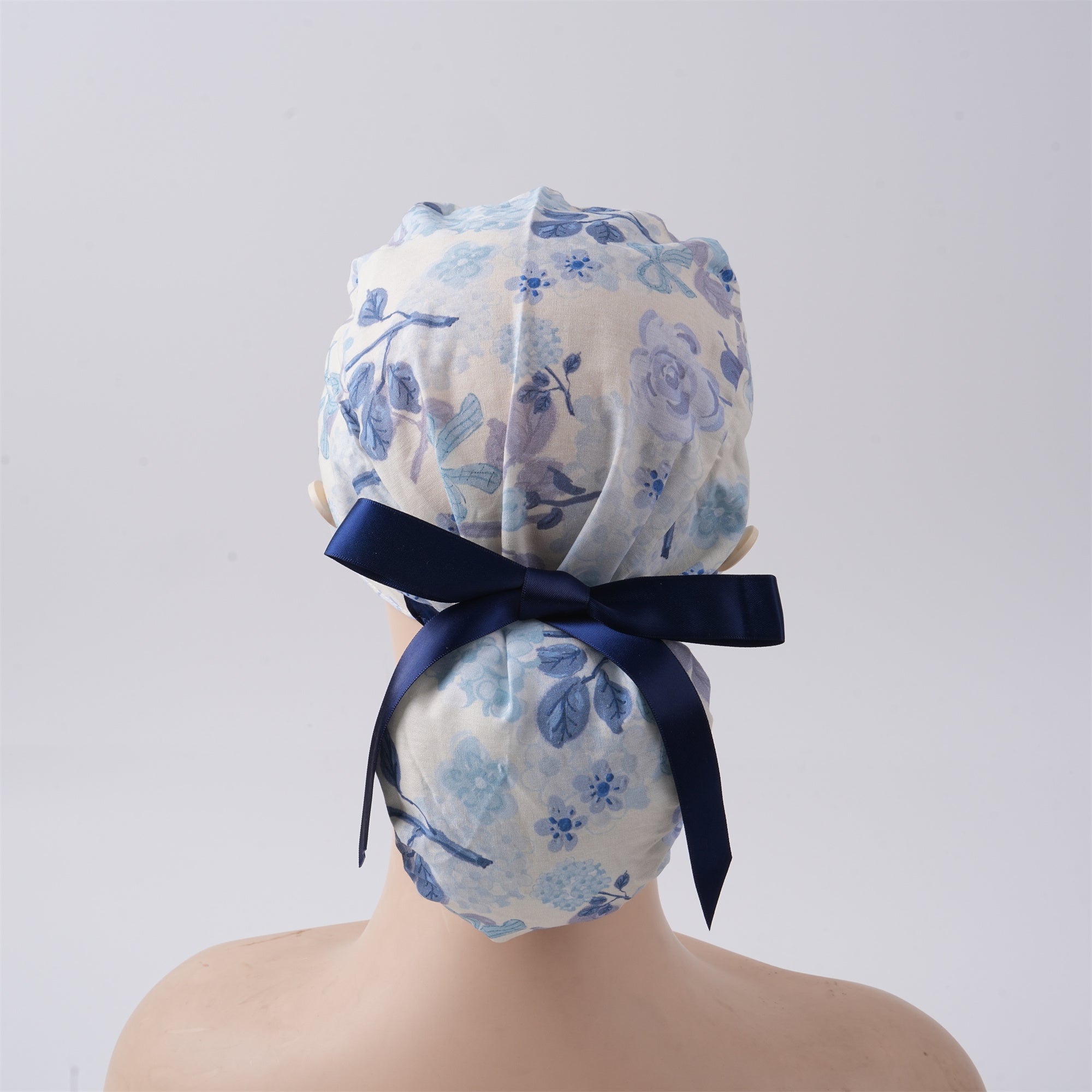 Navy Watercolor Flower Cotton Ponytail Scrub Cap