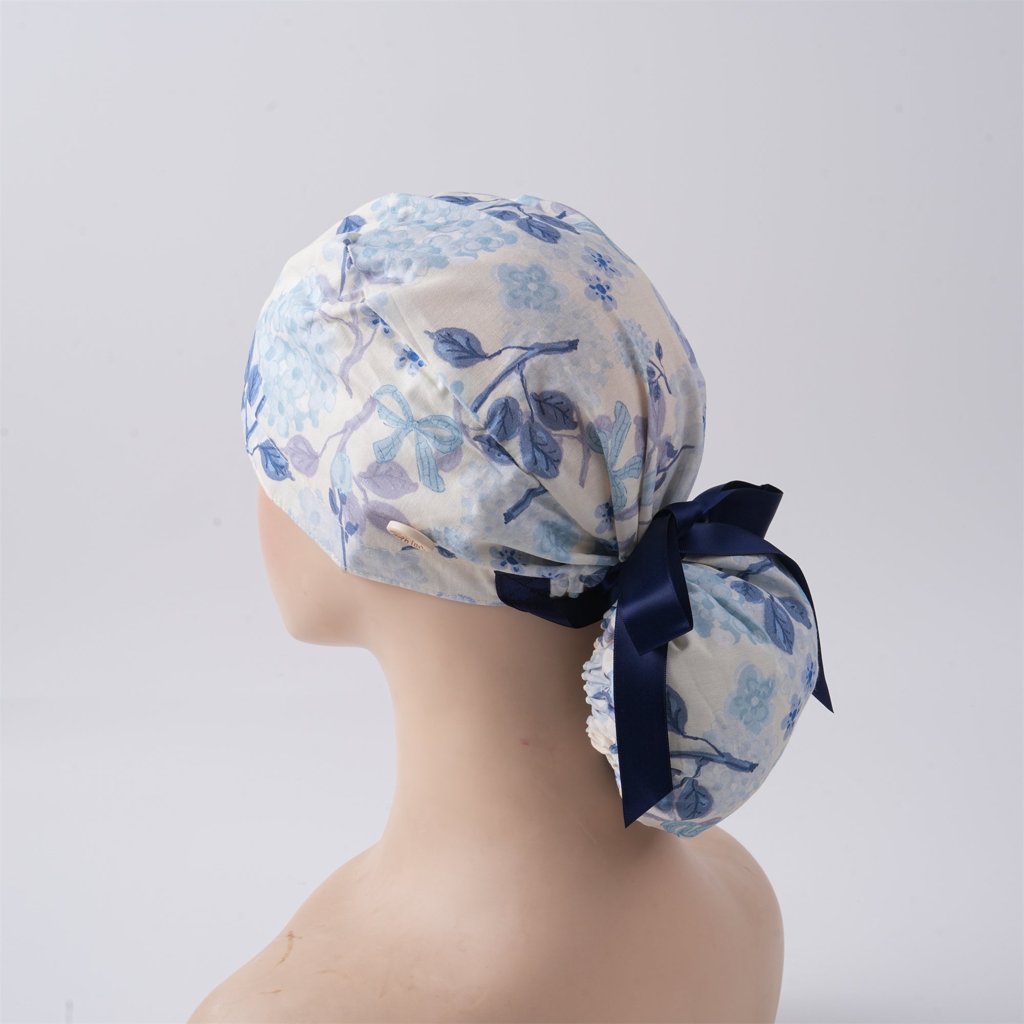 Navy Watercolor Flower Cotton Ponytail Scrub Cap