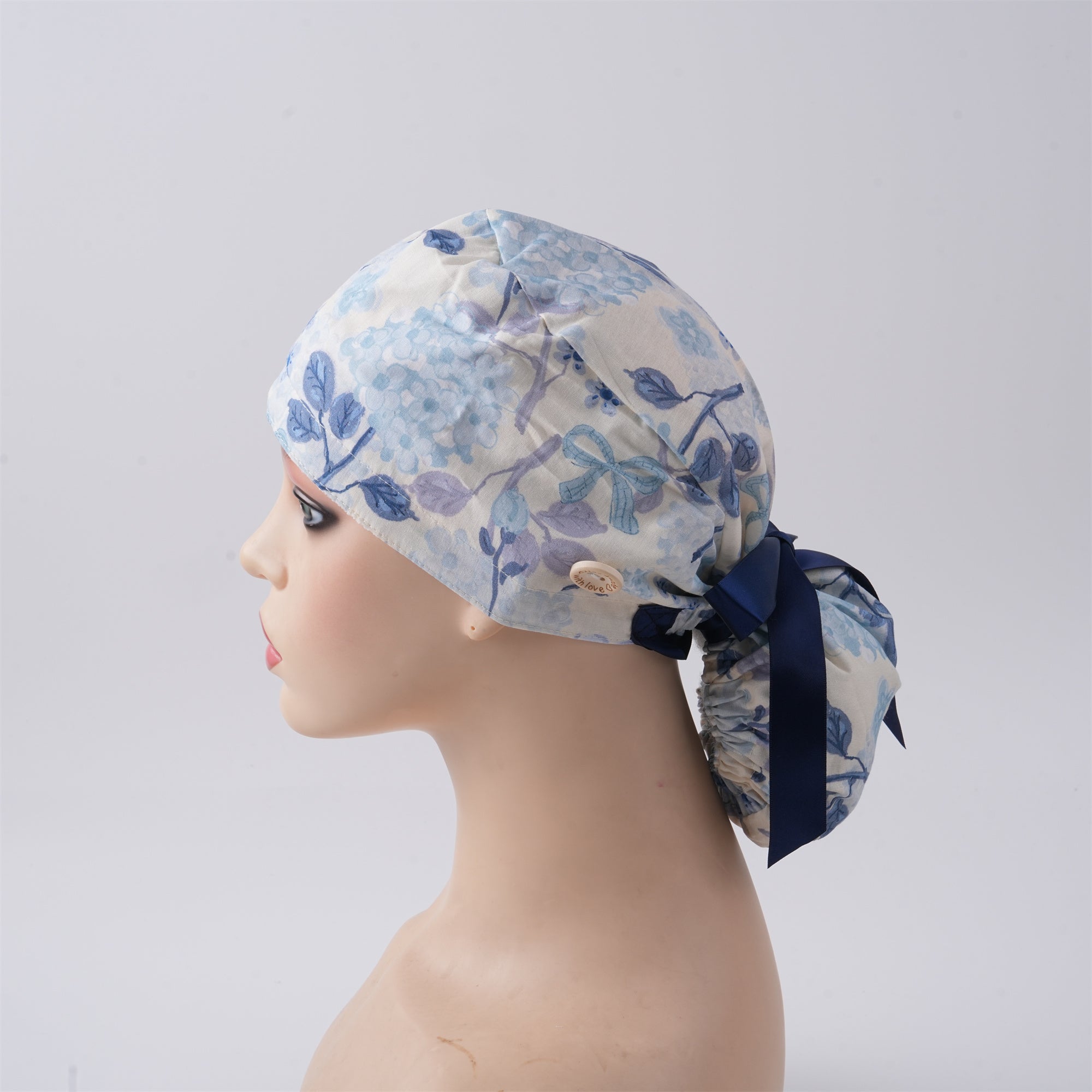 Navy Watercolor Flower Cotton Ponytail Scrub Cap
