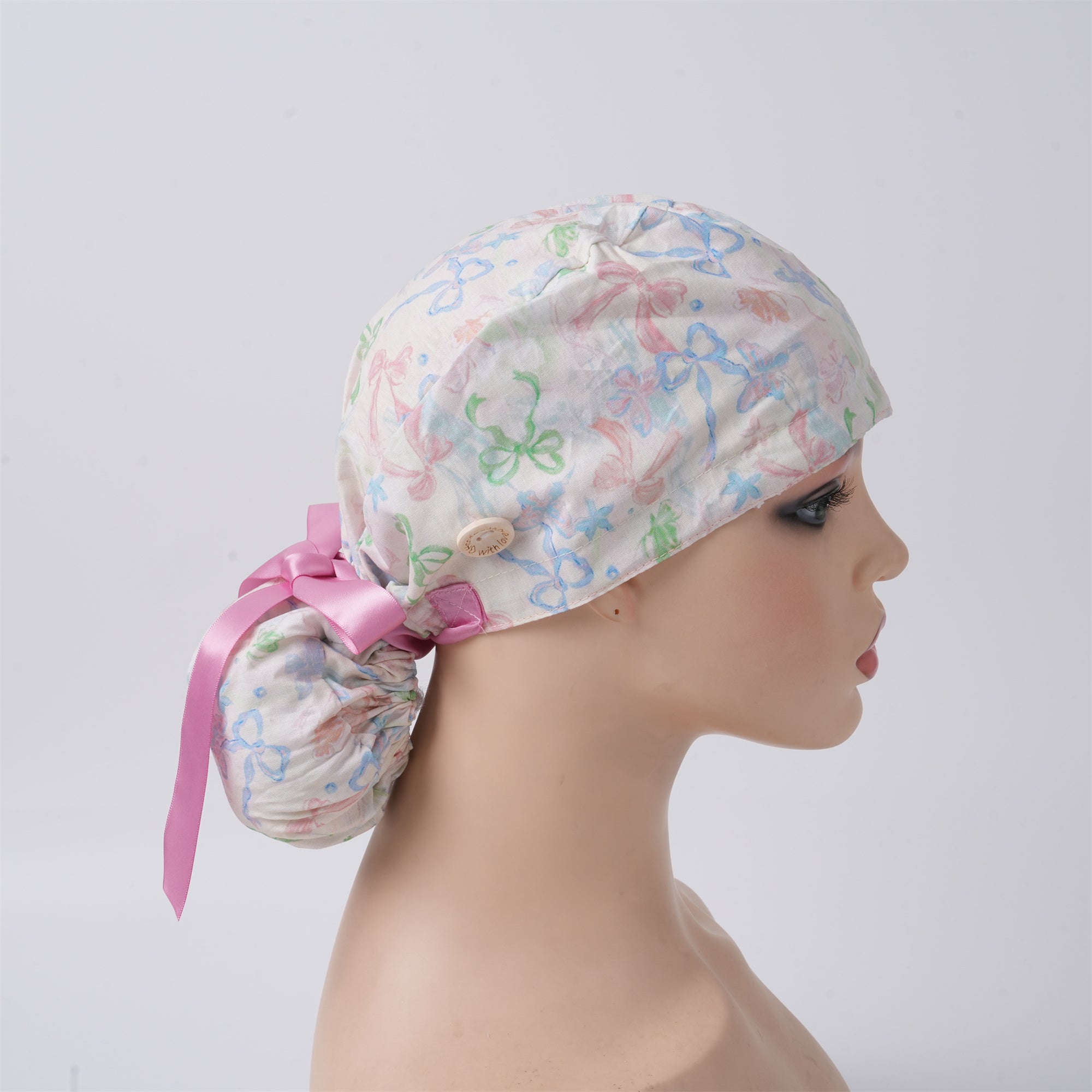 Pink Watercolor Bow Cotton Ponytail Scrub Cap