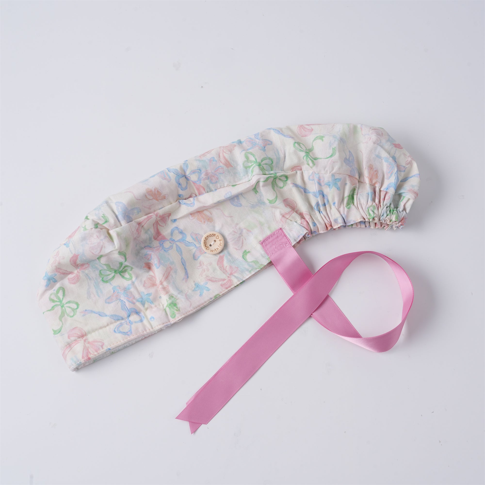 Pink Watercolor Bow Cotton Ponytail Scrub Cap