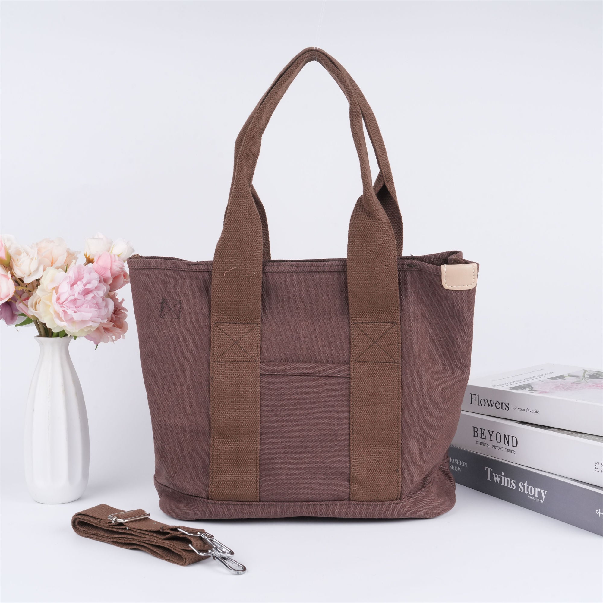 Janpaness Solid Color Tote Bag with Multi-Pockets,Large Capacity