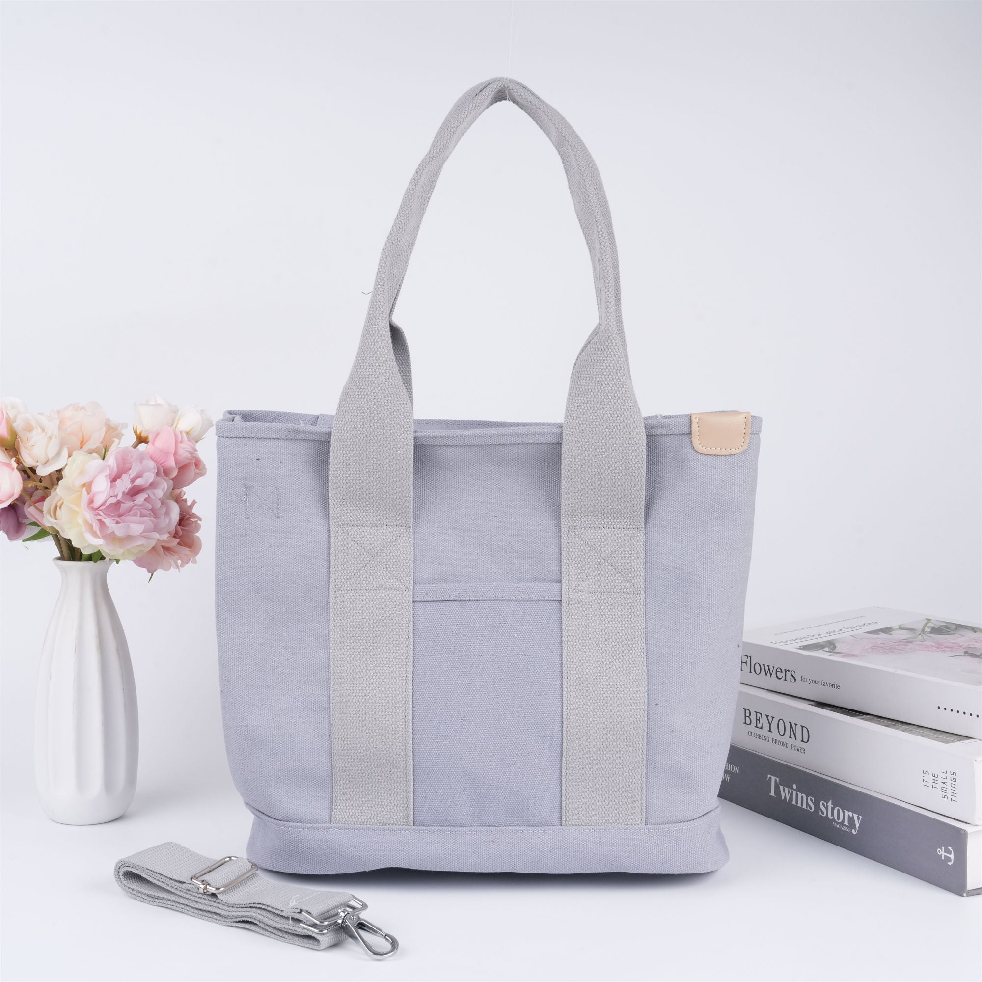 Janpaness Solid Color Tote Bag with Multi-Pockets,Large Capacity