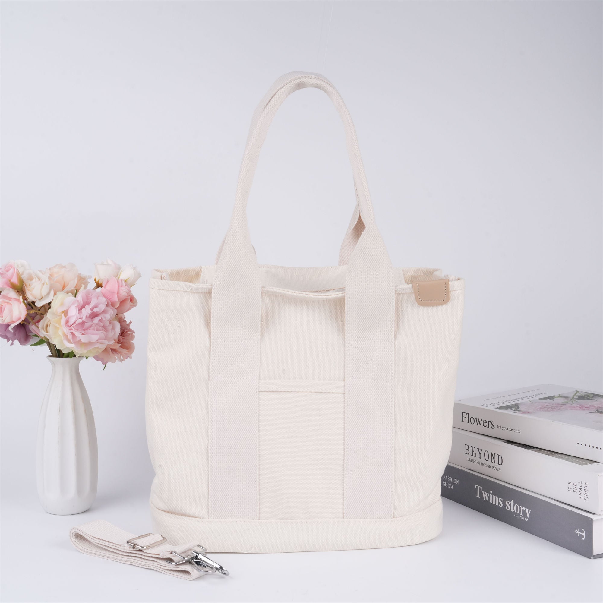 Janpaness Solid Color Tote Bag with Multi-Pockets,Large Capacity