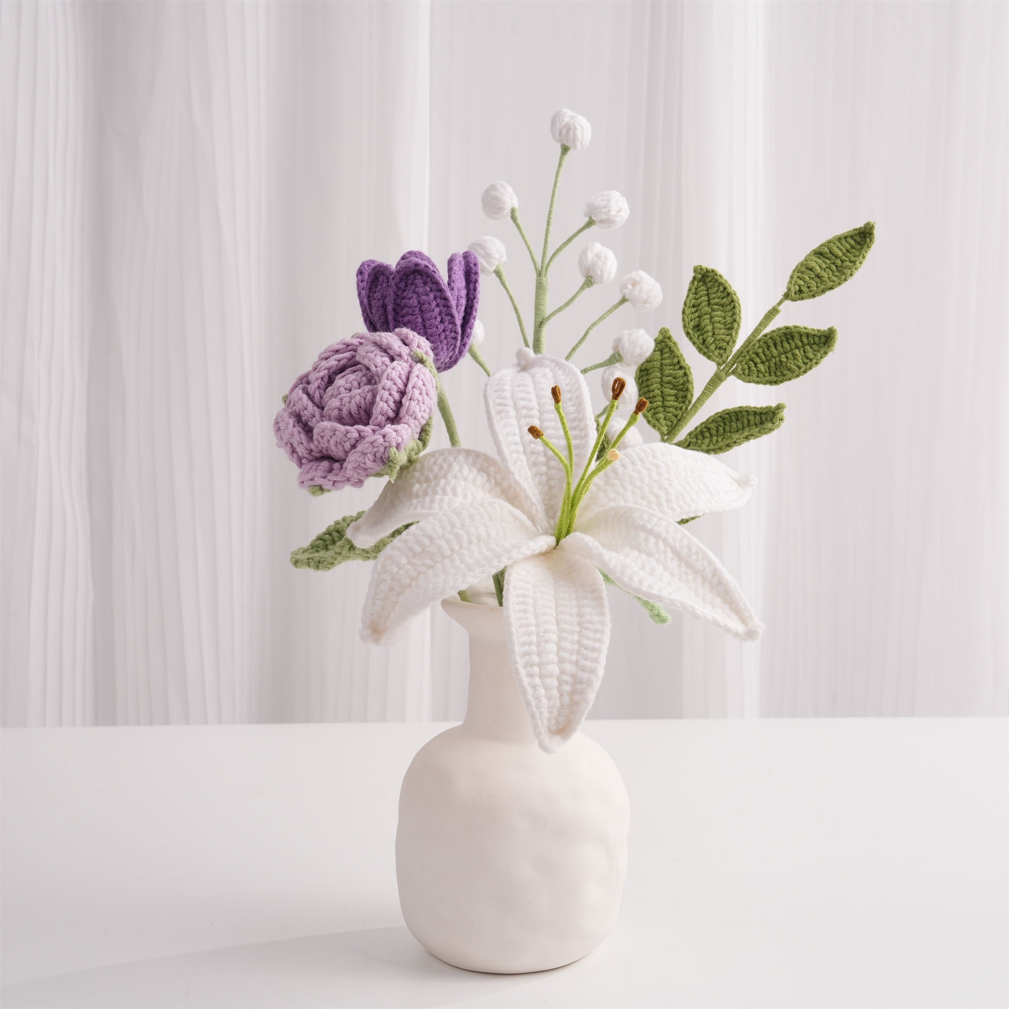 White Lily Bouquet- 5PCS,Rose,Tulip,Snowberry,Leaf,Knitted Yarn Flowers Home Centrepieces,Anniversary,Birthday,Mother‘s Day
