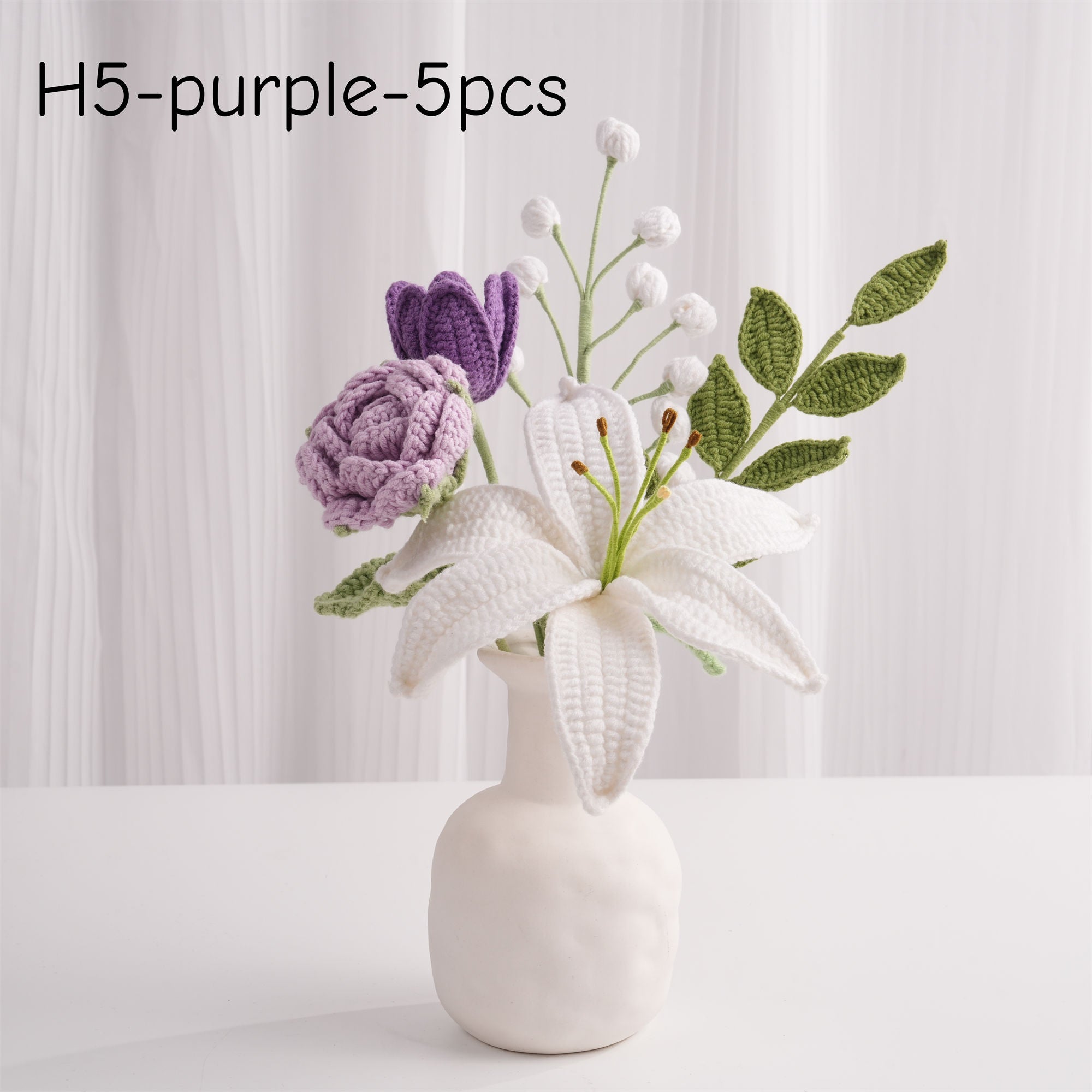 White Lily Bouquet- 5PCS,Rose,Tulip,Snowberry,Leaf,Knitted Yarn Flowers Home Centrepieces,Anniversary,Birthday,Mother‘s Day