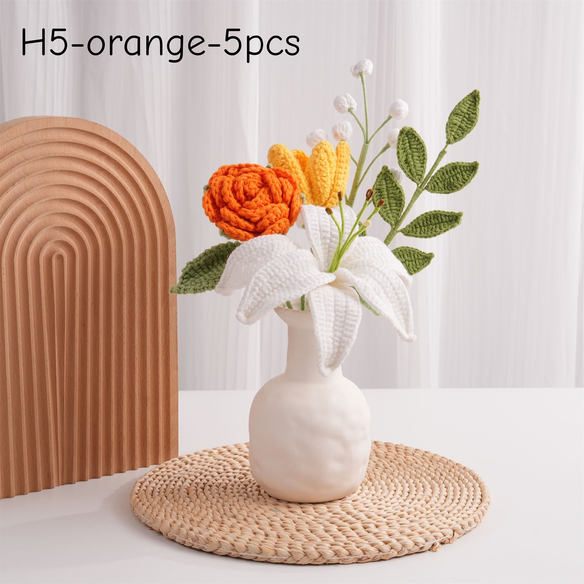 White Lily Bouquet- 5PCS,Rose,Tulip,Snowberry,Leaf,Knitted Yarn Flowers Home Centrepieces,Anniversary,Birthday,Mother‘s Day