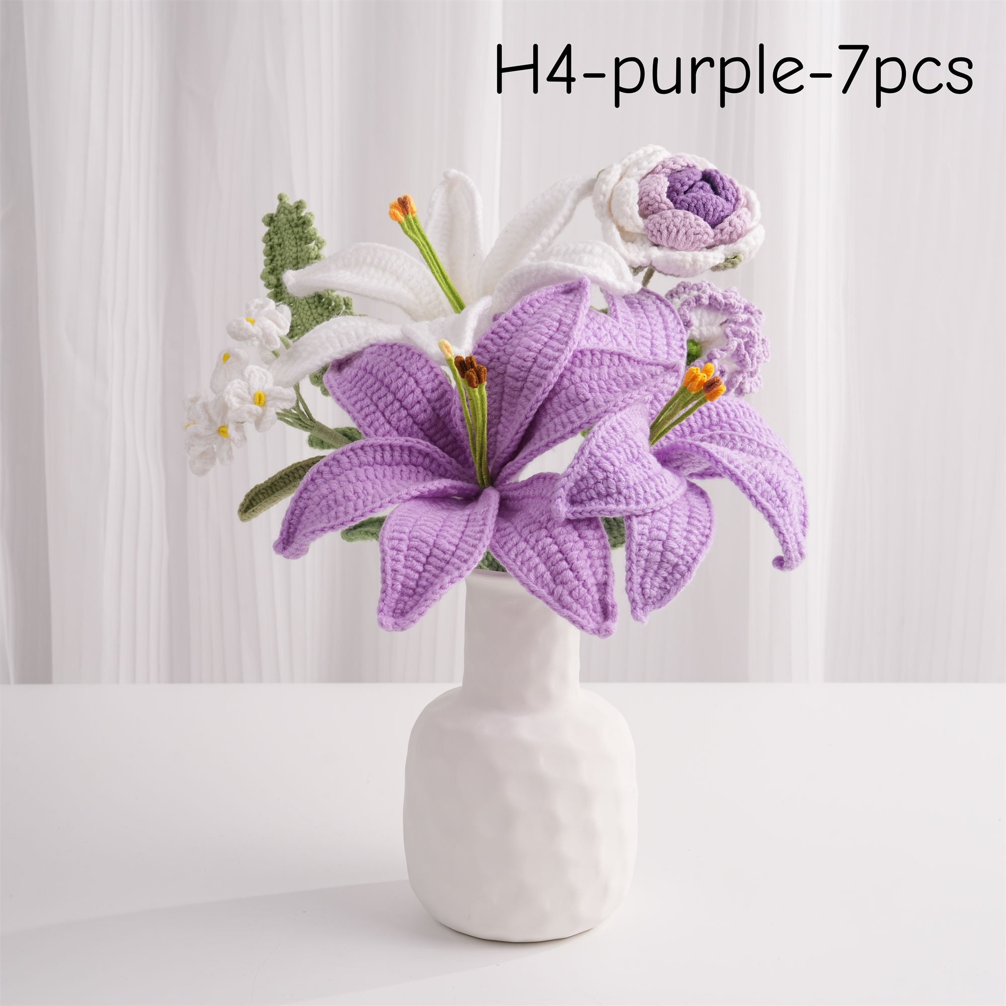 Crochet Lily Bouquet-7PCS, Handmad Carnation,Forget-me-not,Rose,Gift for Wedding,Birthday