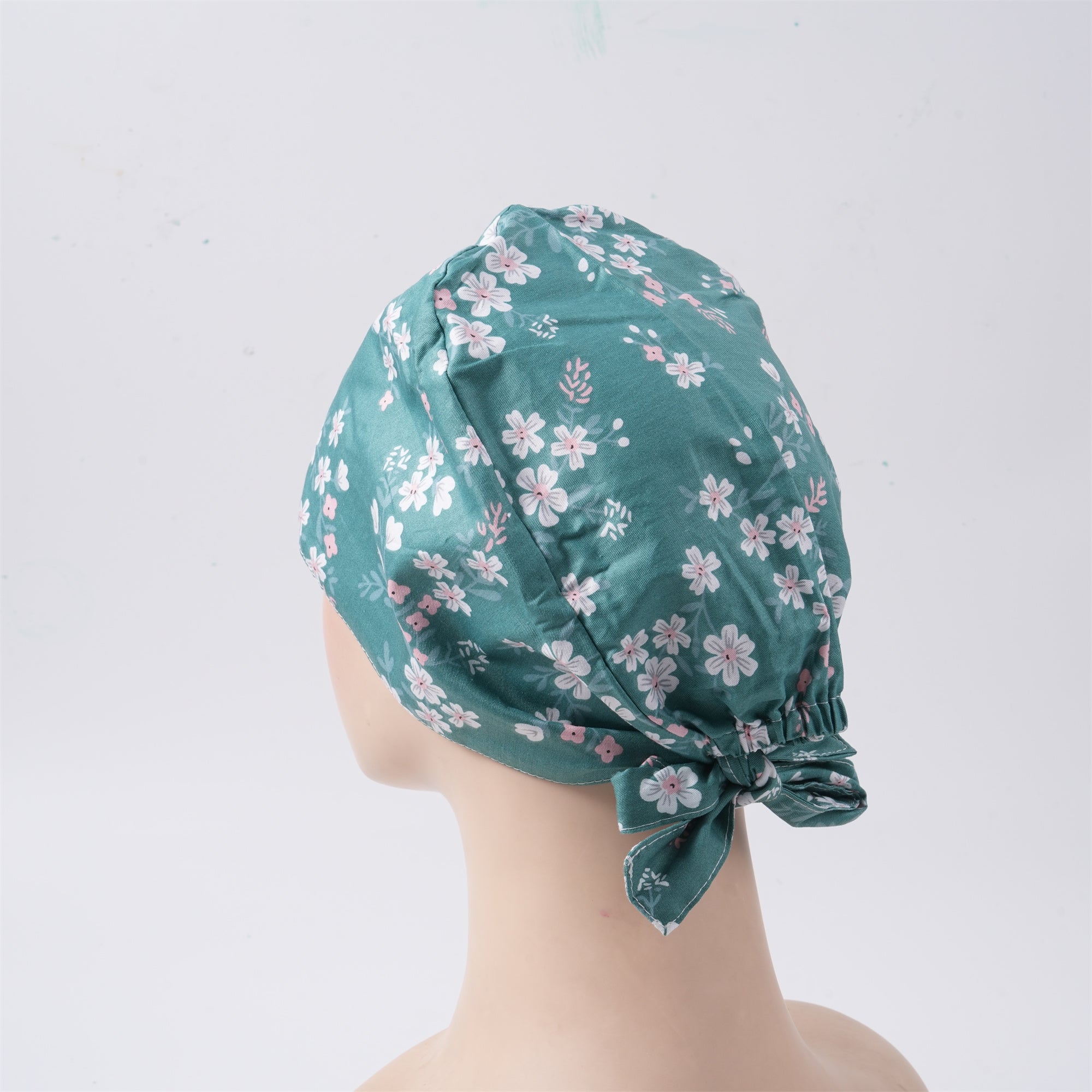 Green Cotton Surgical Tieback Scrub Cap, White Pink Print