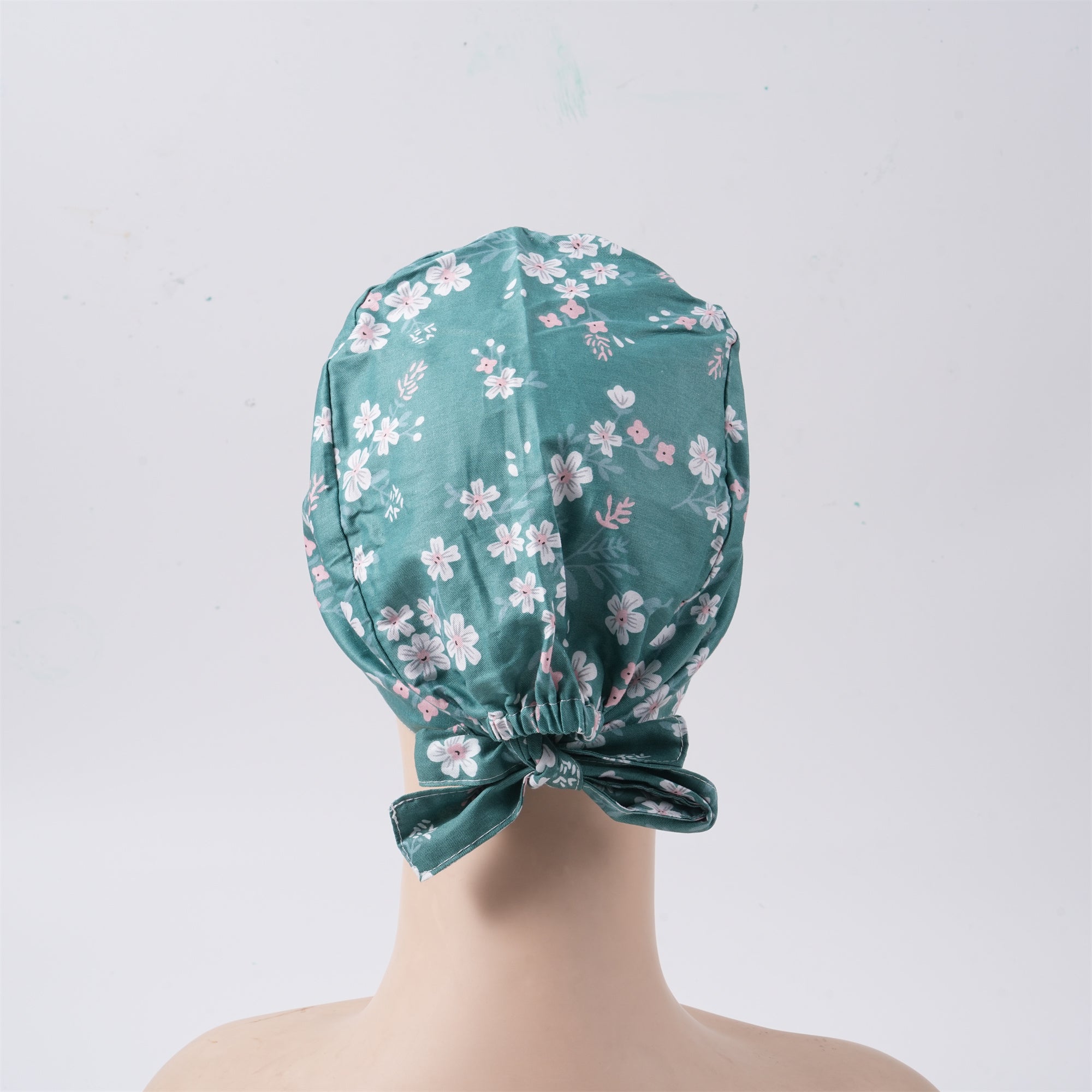 Green Cotton Surgical Tieback Scrub Cap, White Pink Print