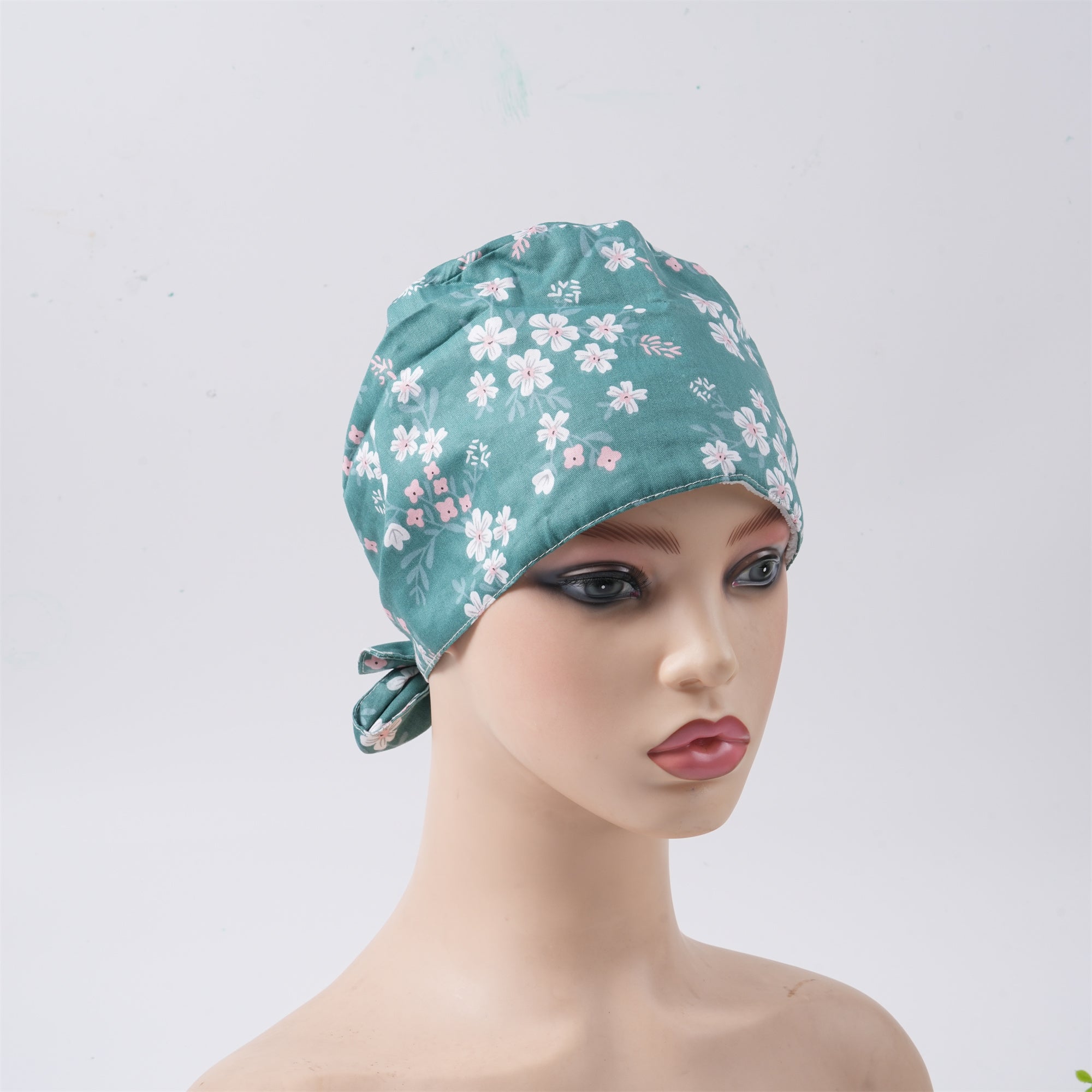 Green Cotton Surgical Tieback Scrub Cap, White Pink Print