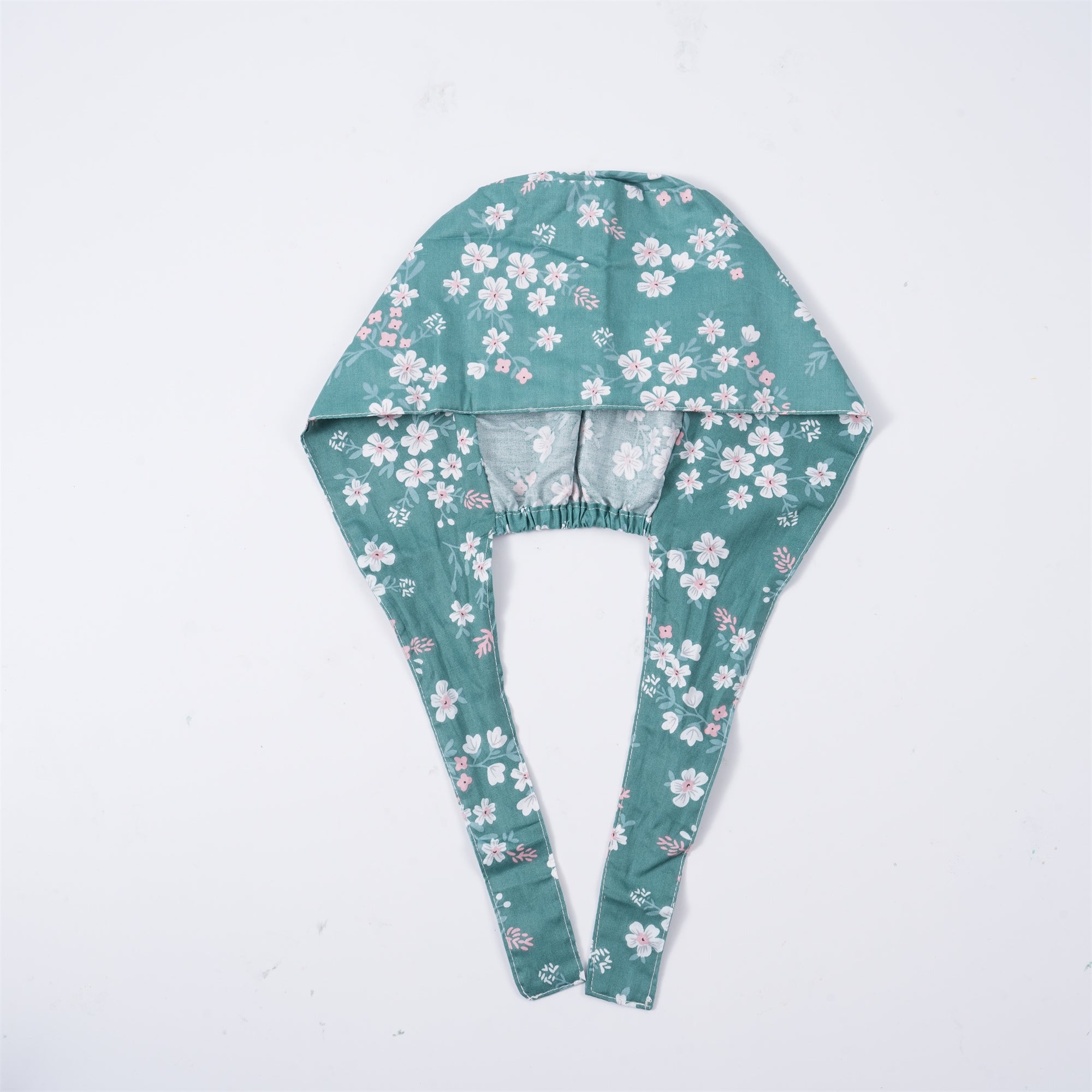 Green Cotton Surgical Tieback Scrub Cap, White Pink Print
