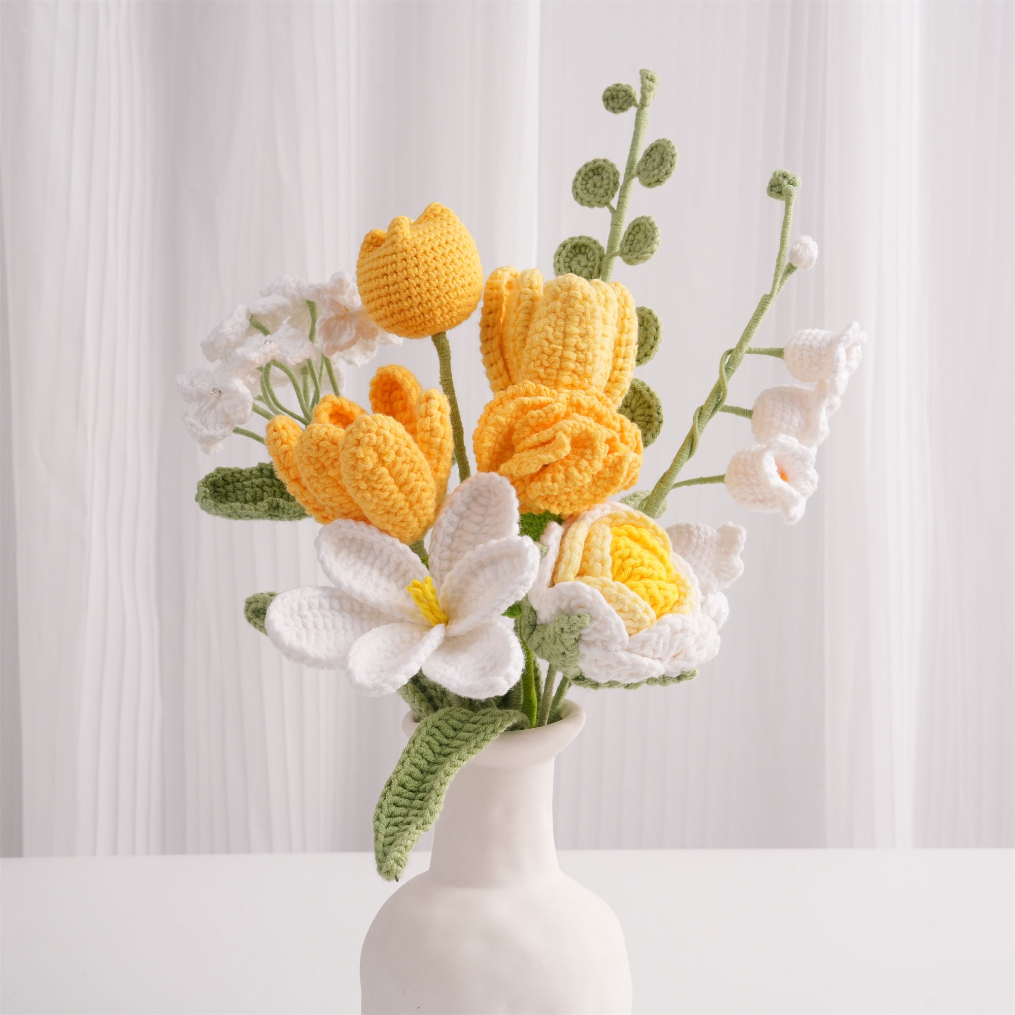 Crochet Flower Bouquet, Tulip, Hydrangea, Carnation, Rose, Yarn Flower Arrangement