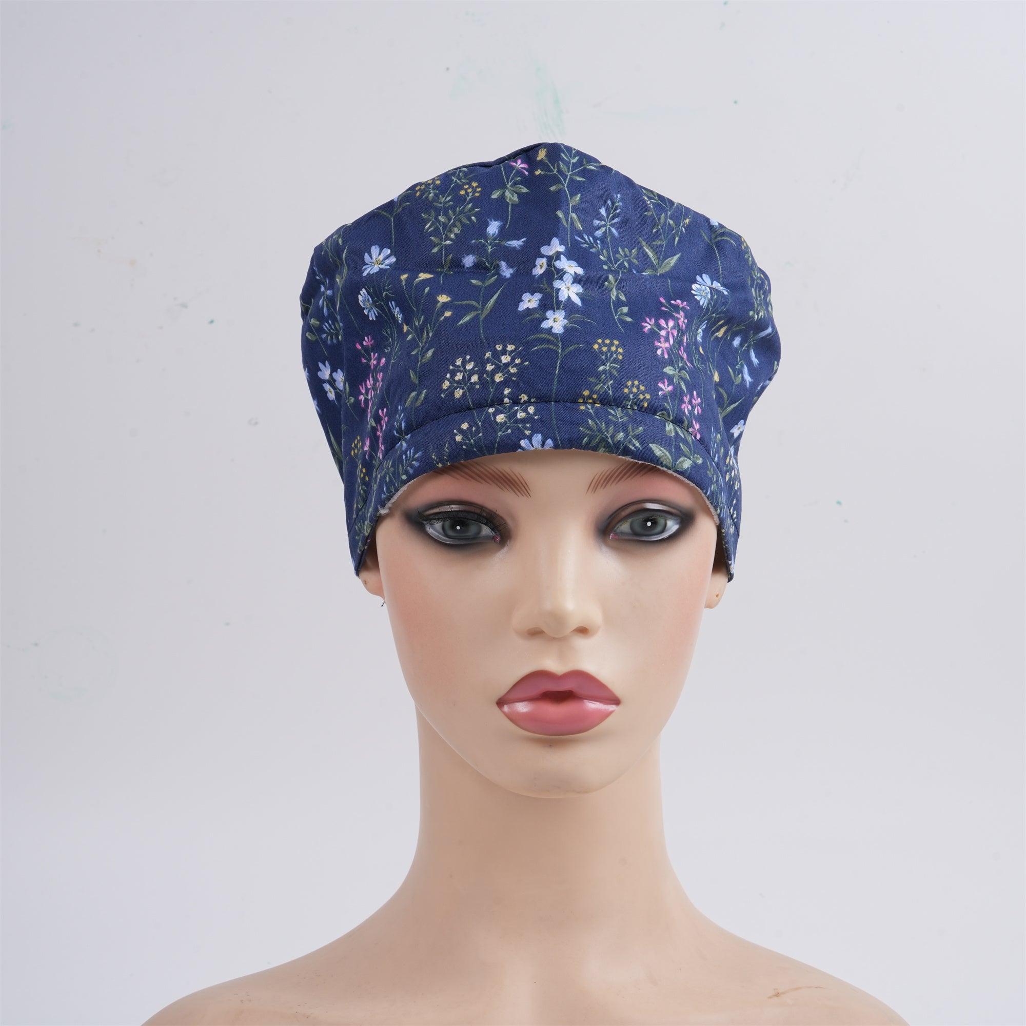 Blue Pink Floral Surgical Scrub Cap - Tieback Style
