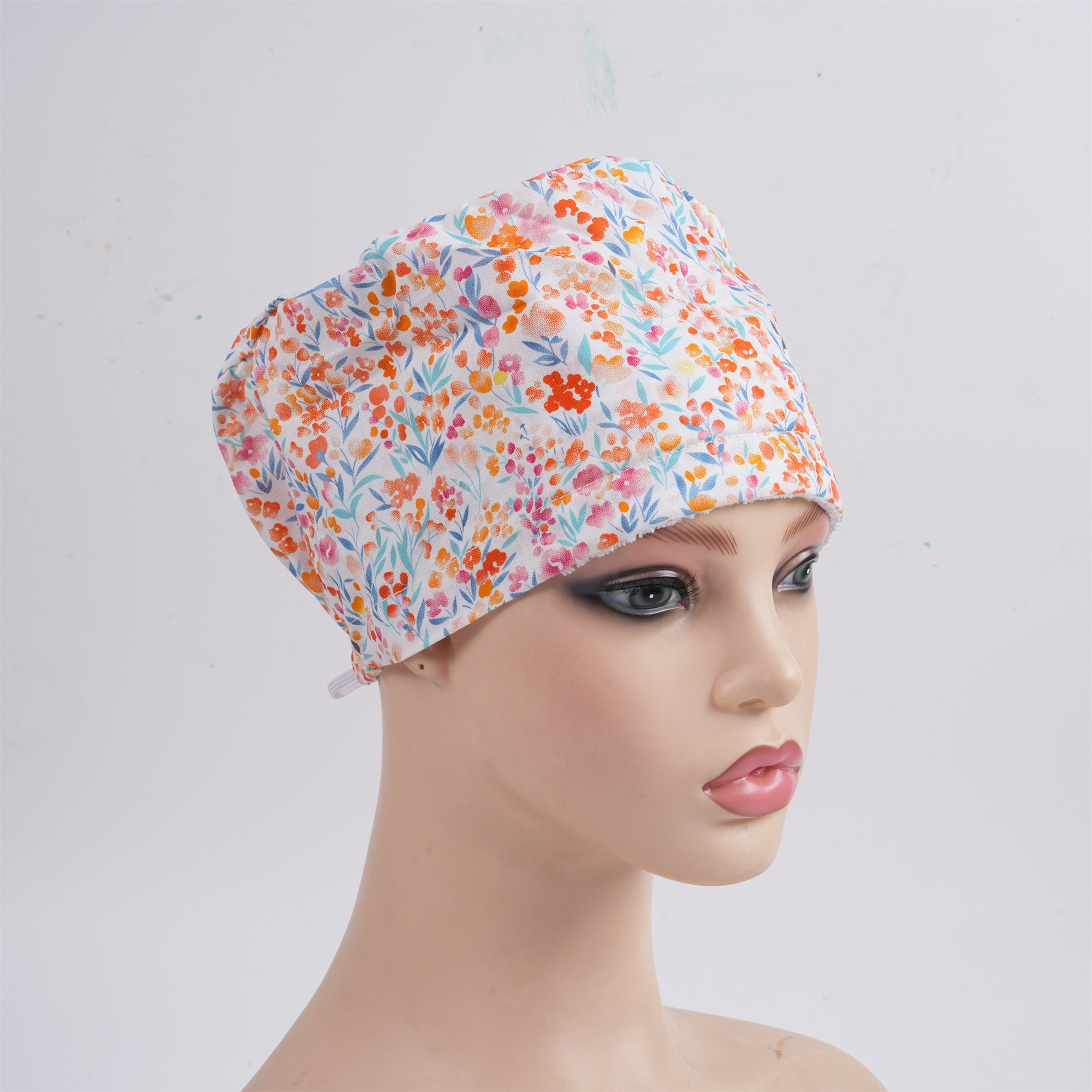 Pink Floral Cotton Surgical Scrub Cap -Tieback Style