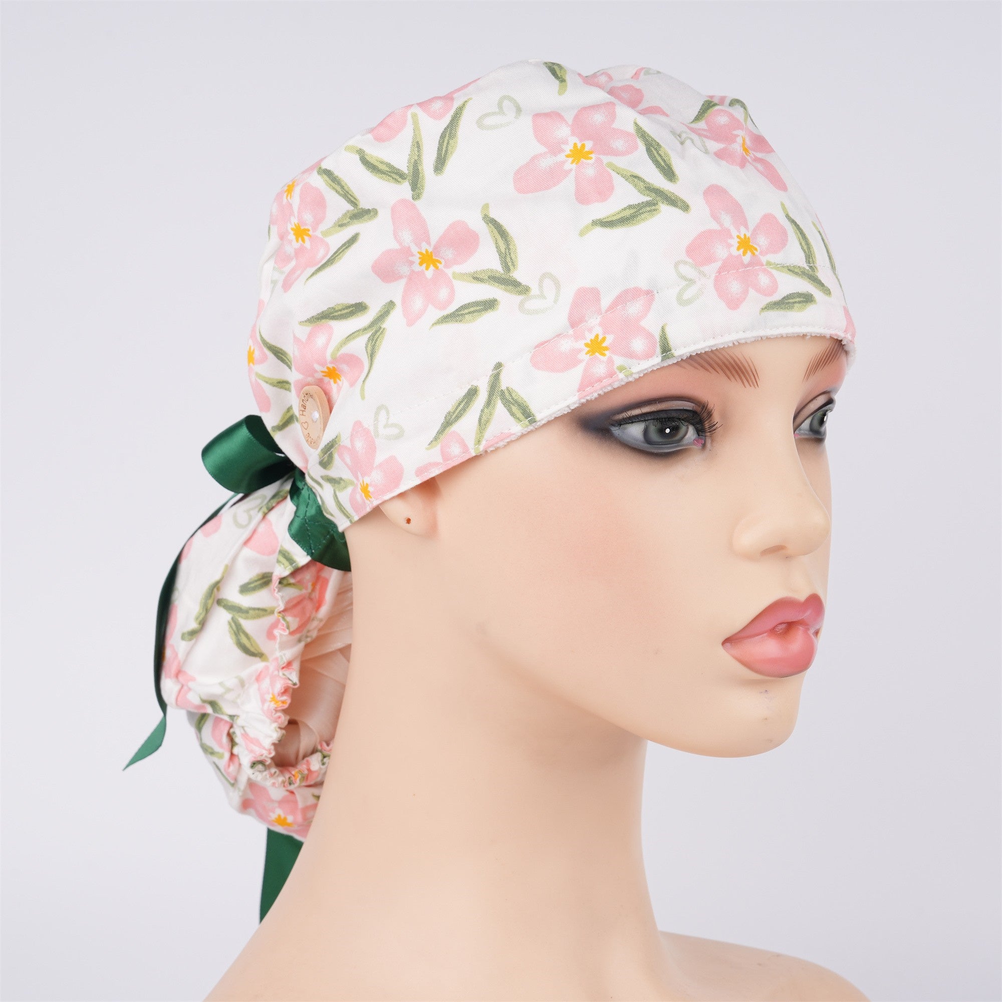 Pink Floral Cotton Ponytail Scrub Cap