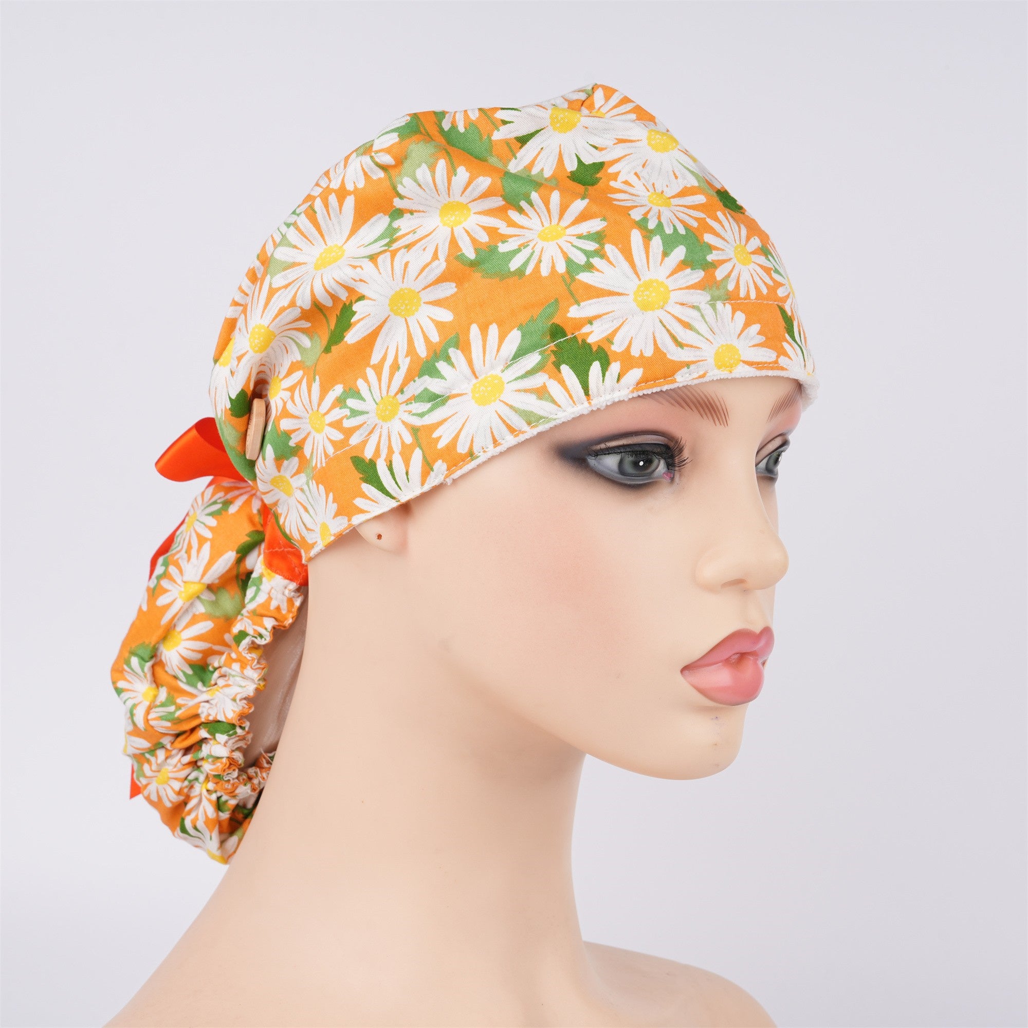 Orange Flowers Cotton Ponytail Scrub Cap,Fall