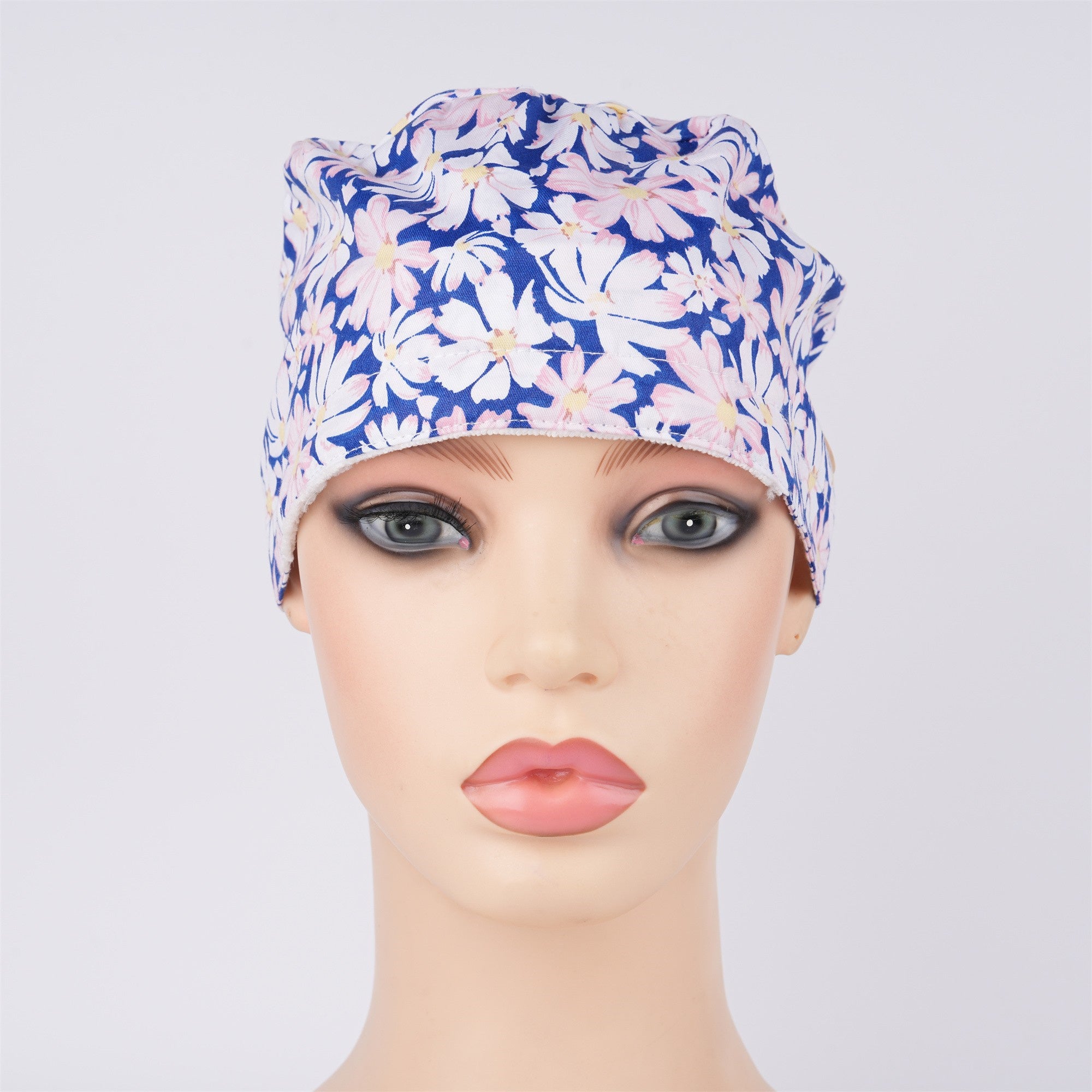 Blue White Pink Floral Cotton Ponytail Scrub Cap