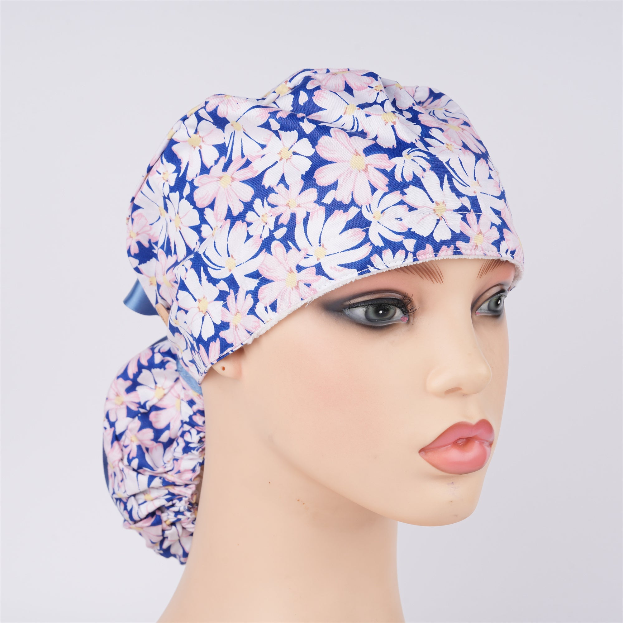 Blue White Pink Floral Cotton Ponytail Scrub Cap