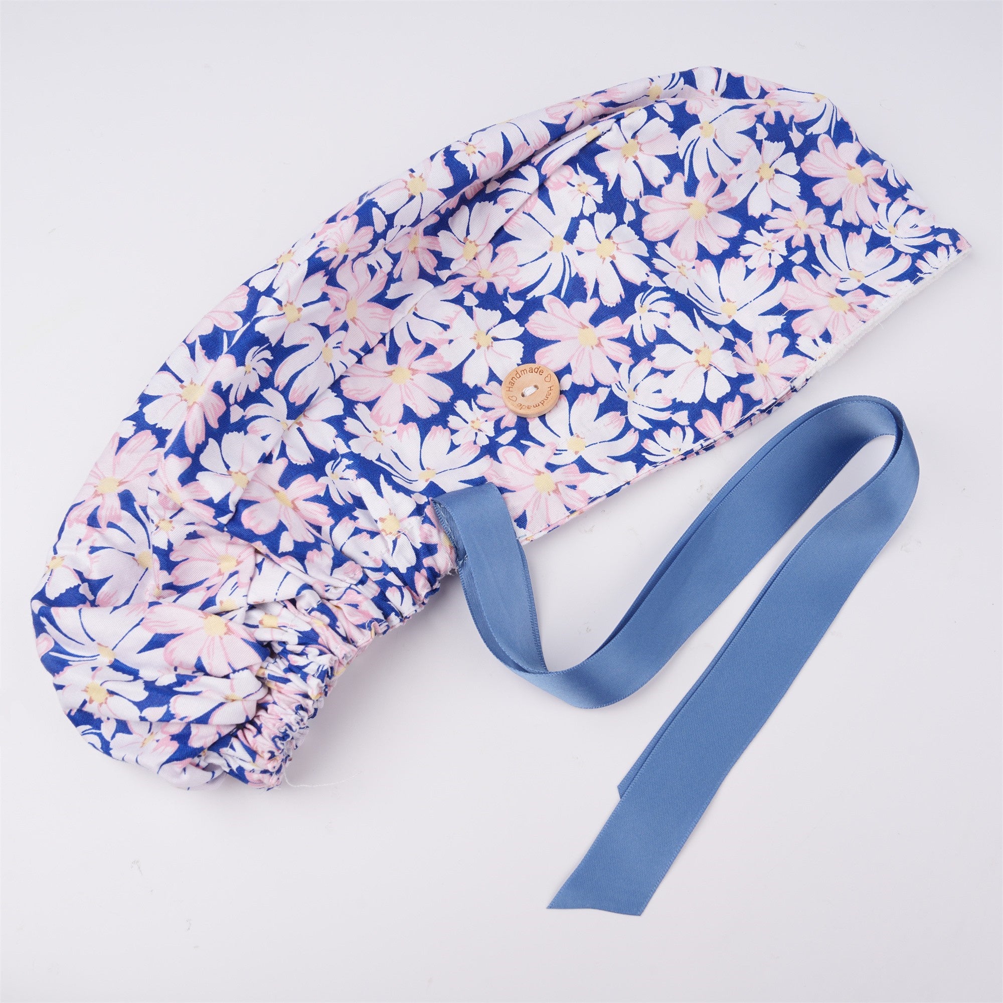 Blue White Pink Floral Cotton Ponytail Scrub Cap