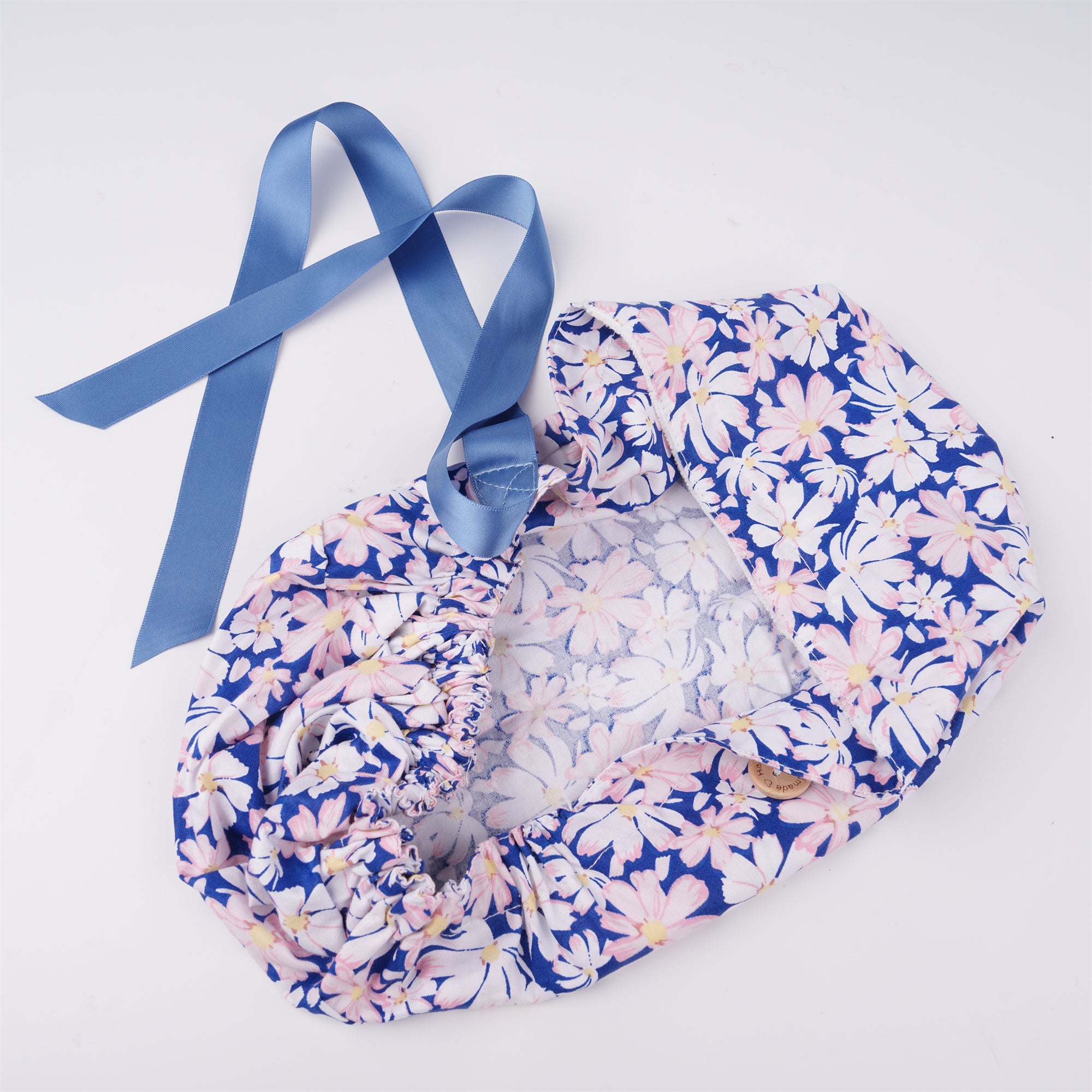 Blue White Pink Floral Cotton Ponytail Scrub Cap