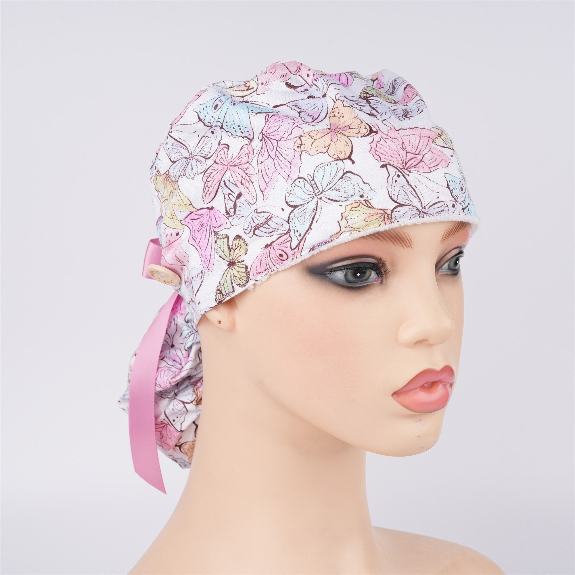 Pink Butterfly Cotton Ponytail Scrub Cap
