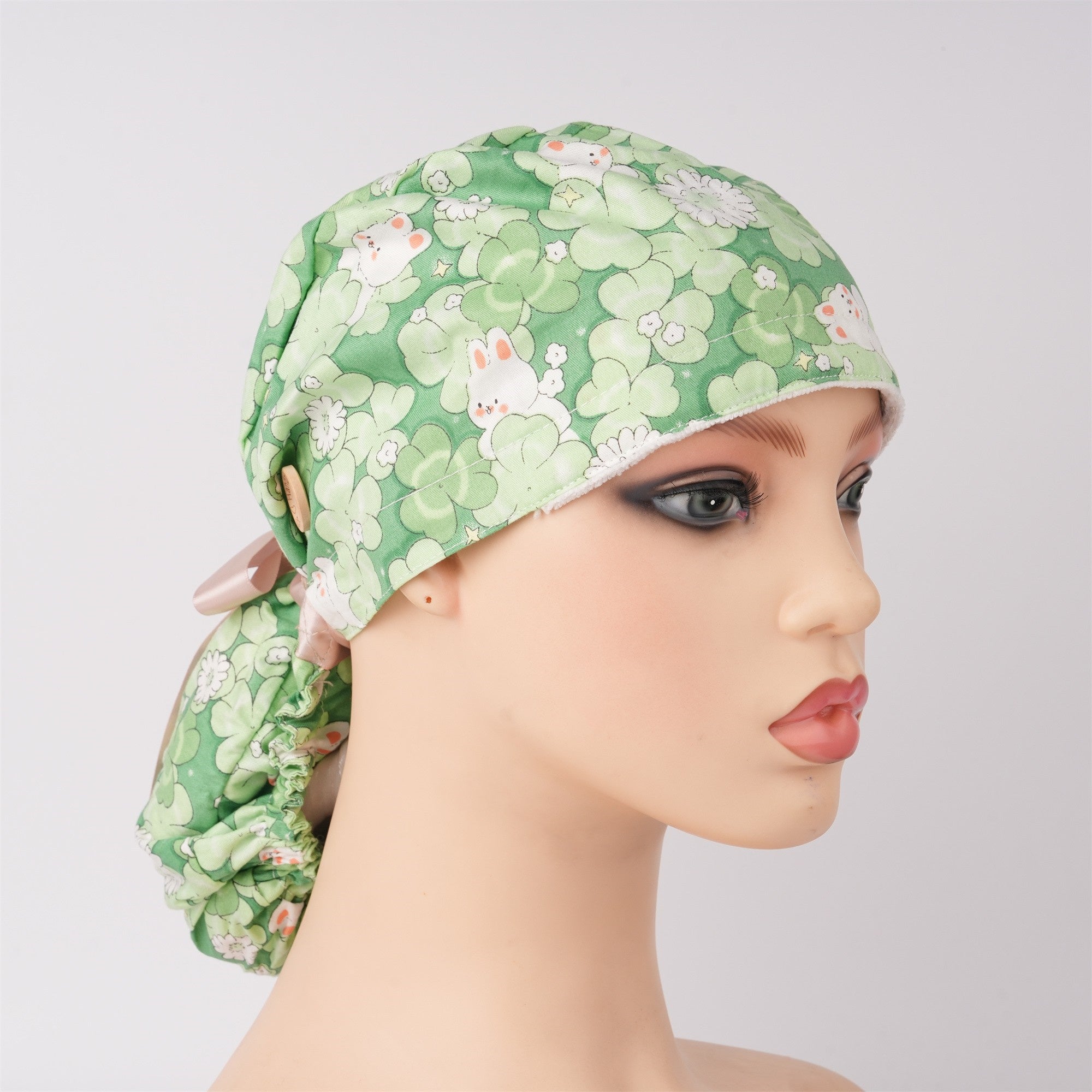 Summer Cotton Ponytail Scrub Cap: Green Leaves & Bunny