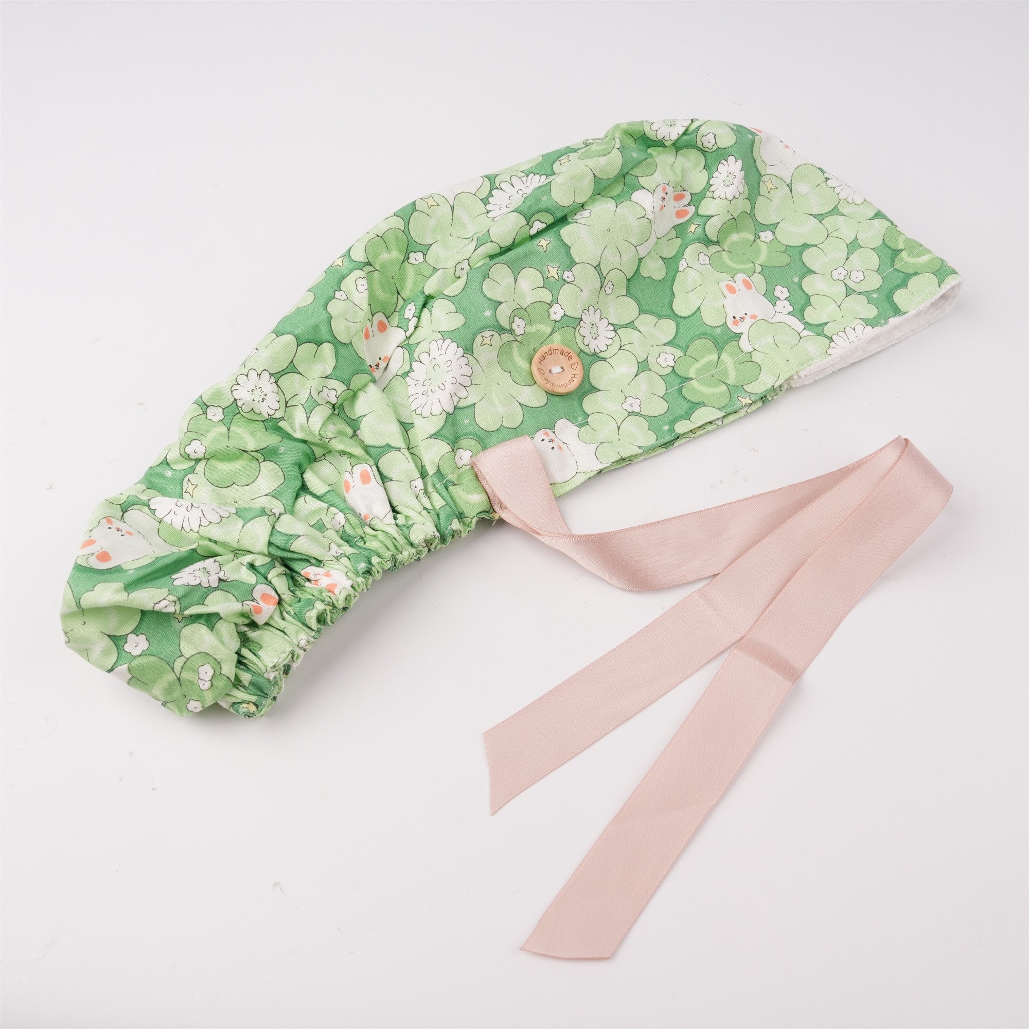 Summer Cotton Ponytail Scrub Cap: Green Leaves & Bunny