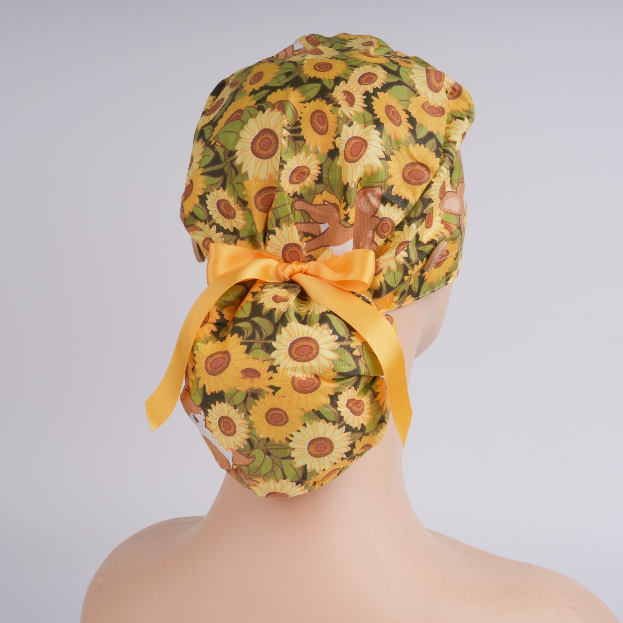 Yellow Sunflower Cotton Ponytail Scrub Cap