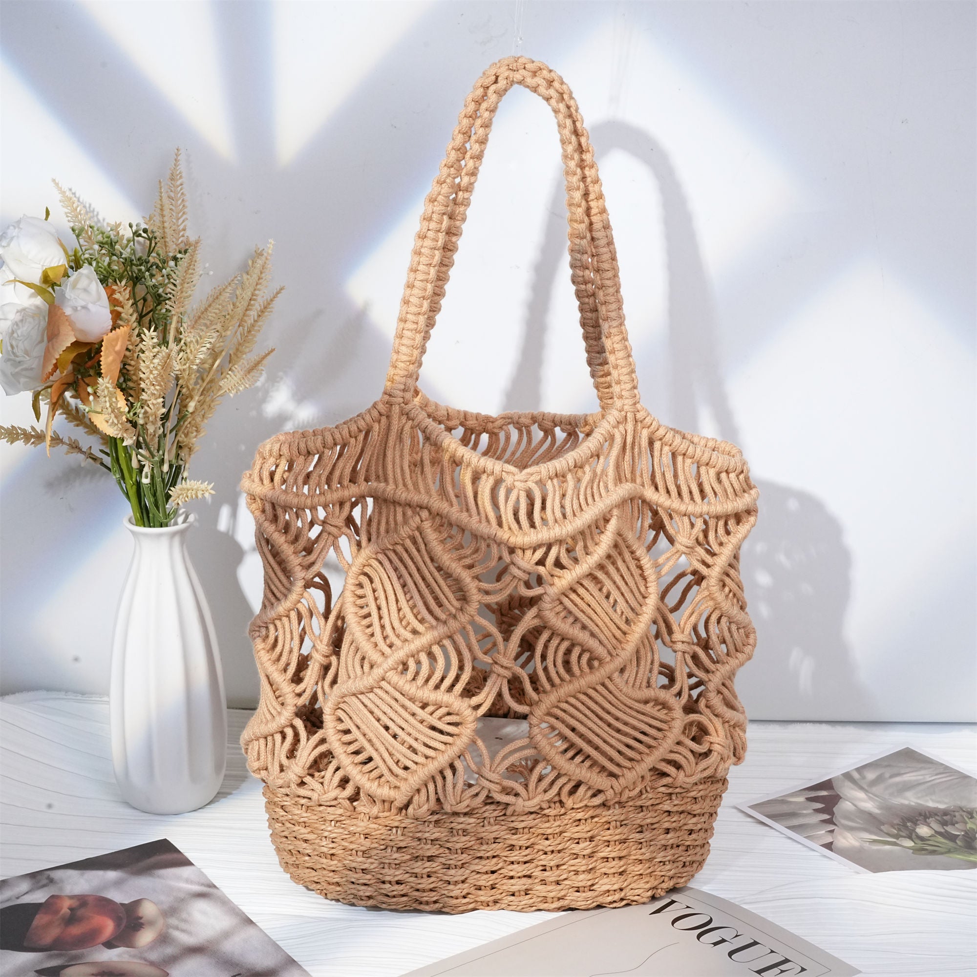 Straw Woven Bag,Hollow Holiday Vacation Cross-body Bag, Handmade Paper Rope Handbag for Party|Beach|Birthday|Wedding