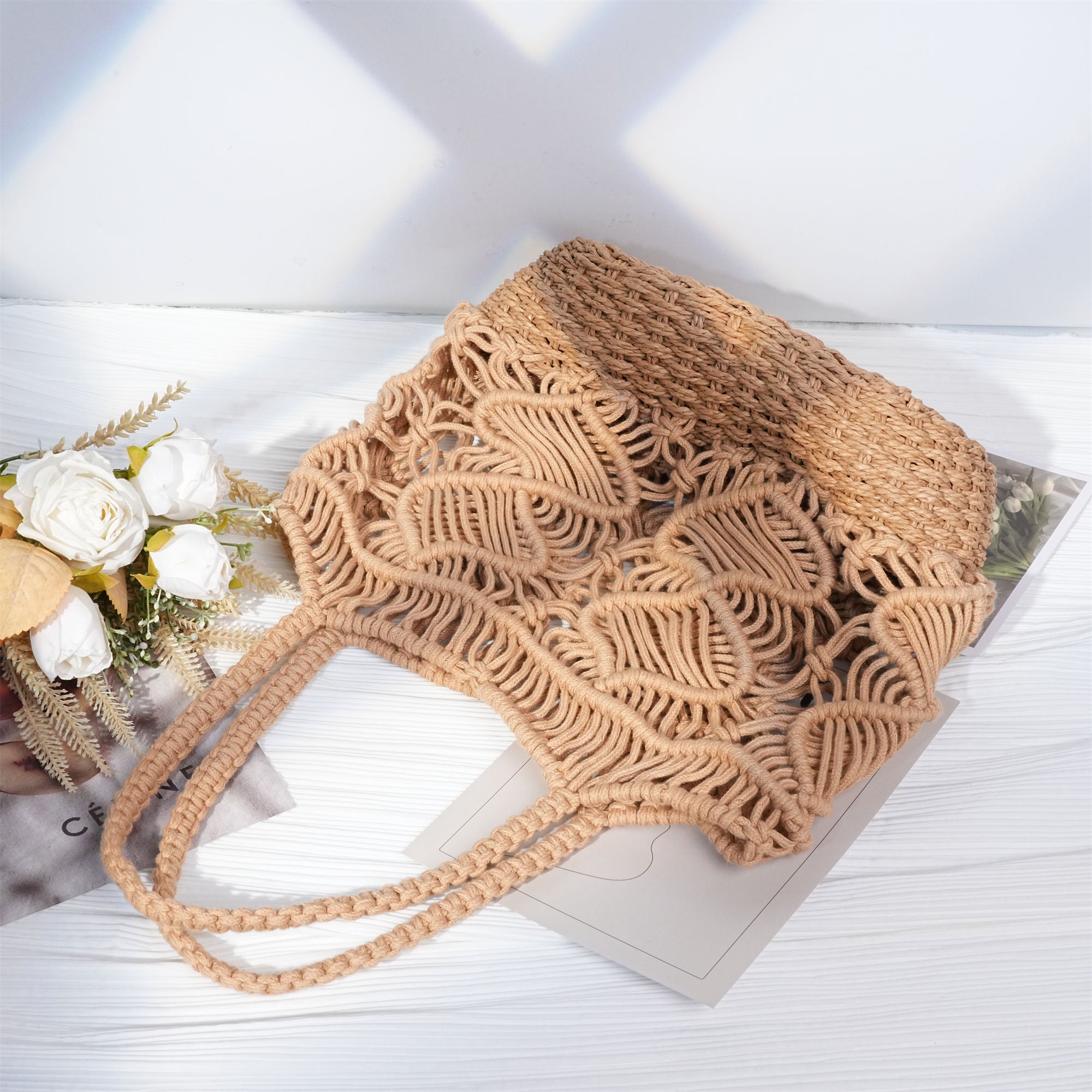 Straw Woven Bag,Hollow Holiday Vacation Cross-body Bag, Handmade Paper Rope Handbag for Party|Beach|Birthday|Wedding