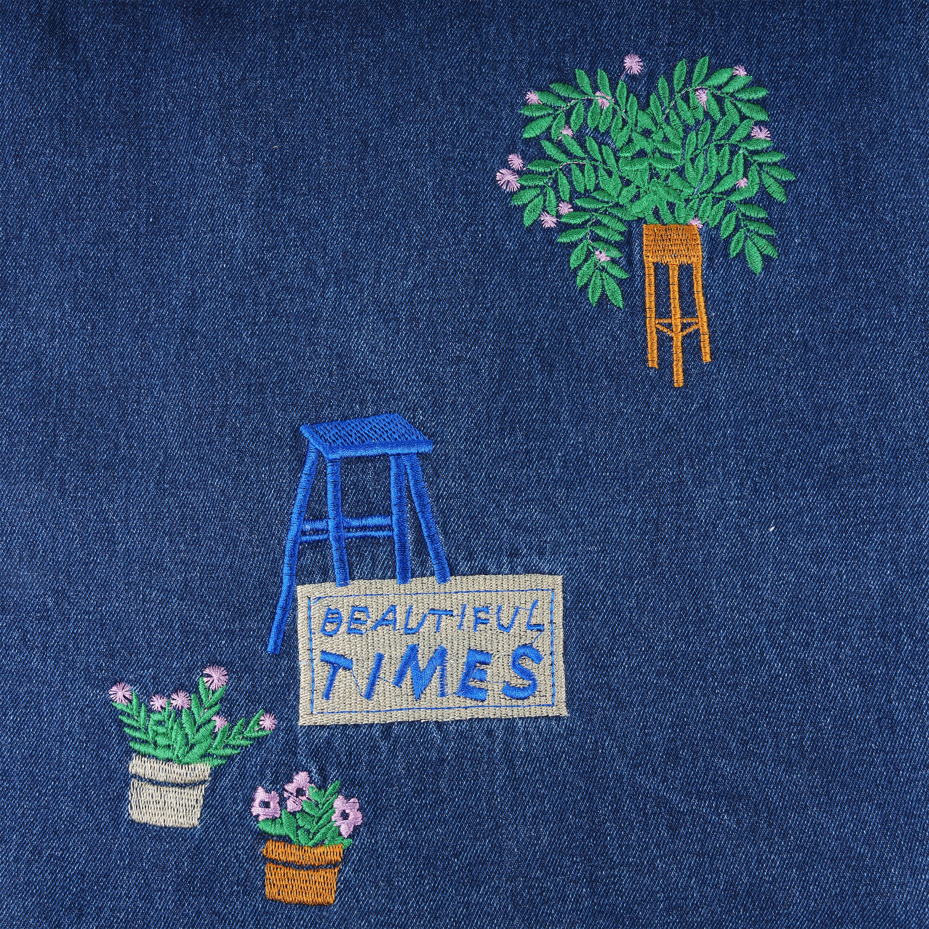 Embroidered Flowers Canvas Denim Bag, Shoulder Tote with Zipper&Pocket,Back to School