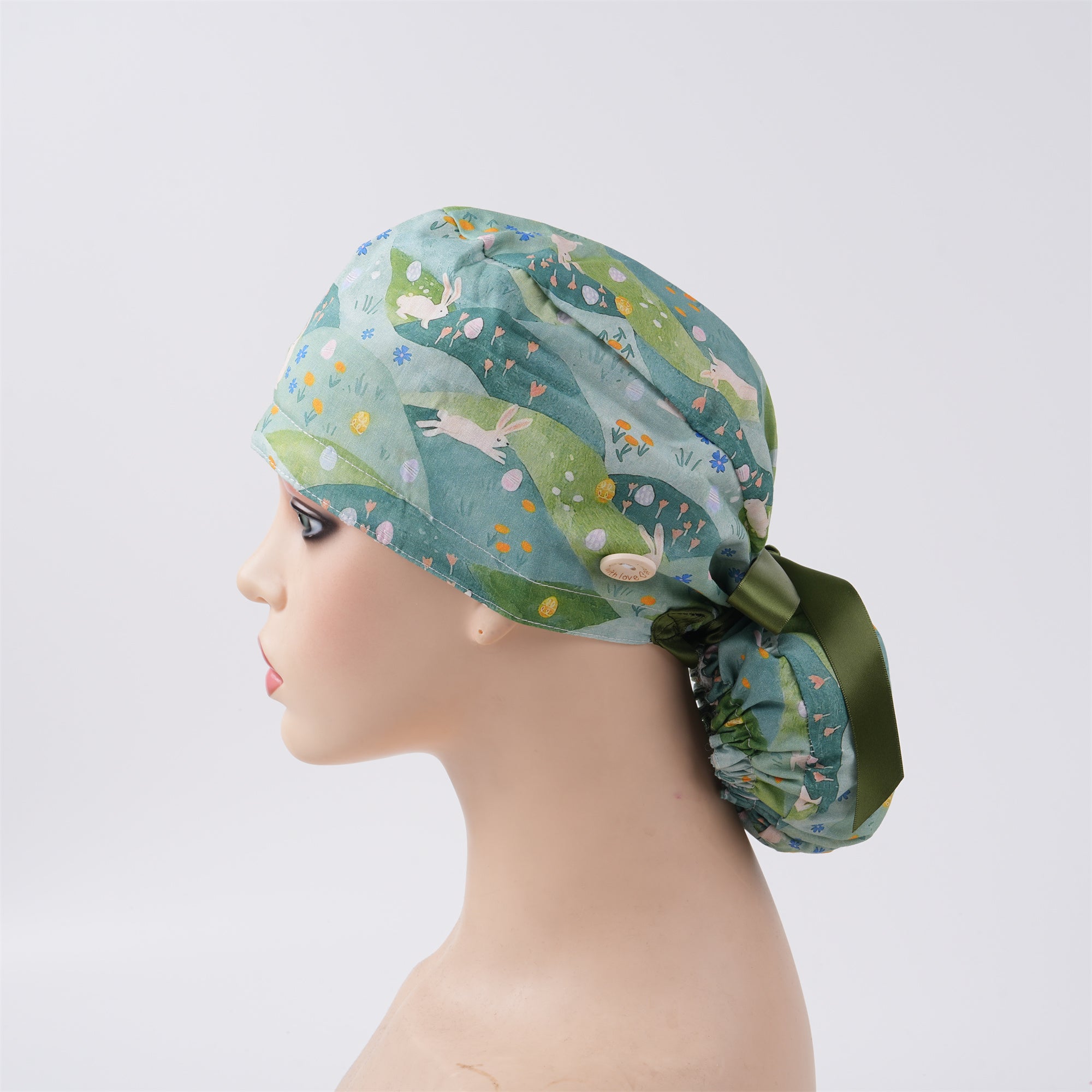 Green Floral Meadow Cotton Ponytail Scrub Cap