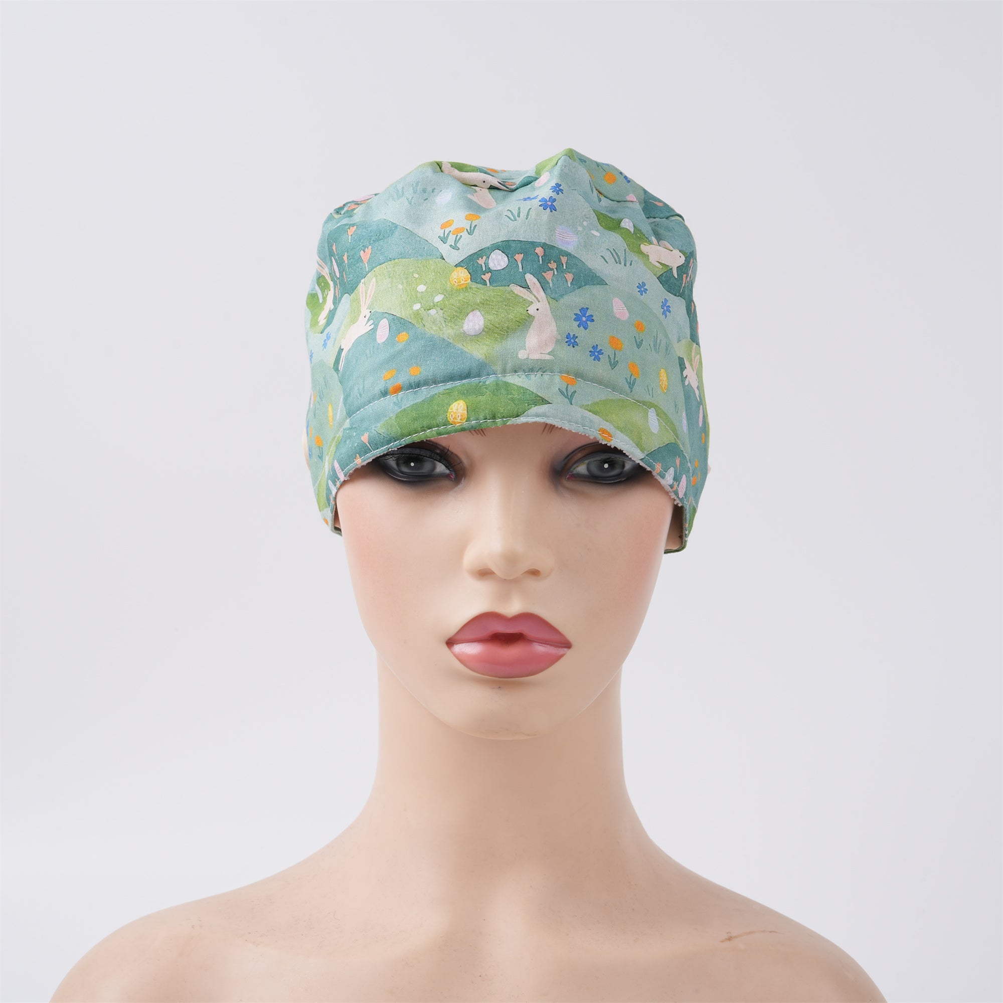 Green Floral Meadow Cotton Ponytail Scrub Cap
