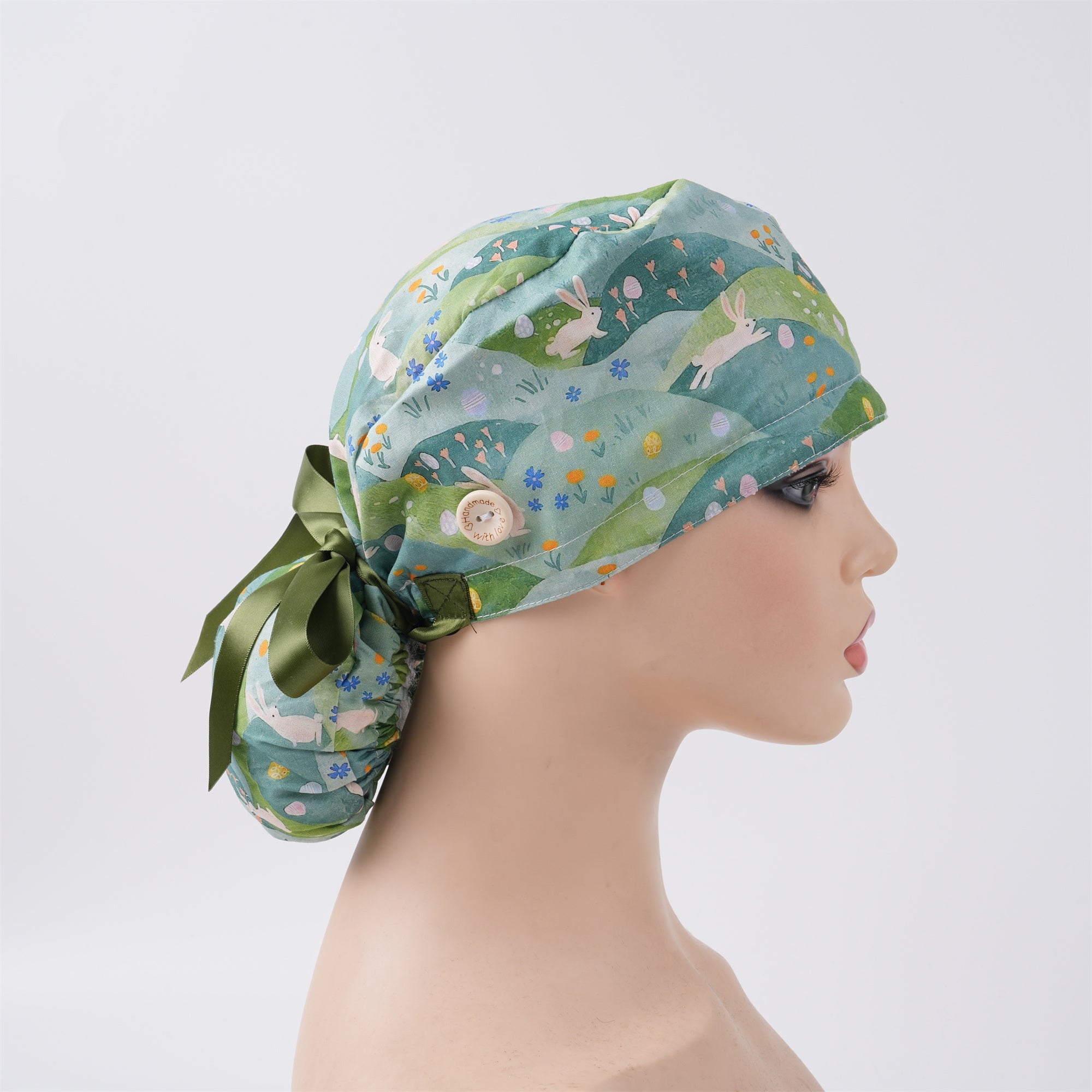 Green Floral Meadow Cotton Ponytail Scrub Cap